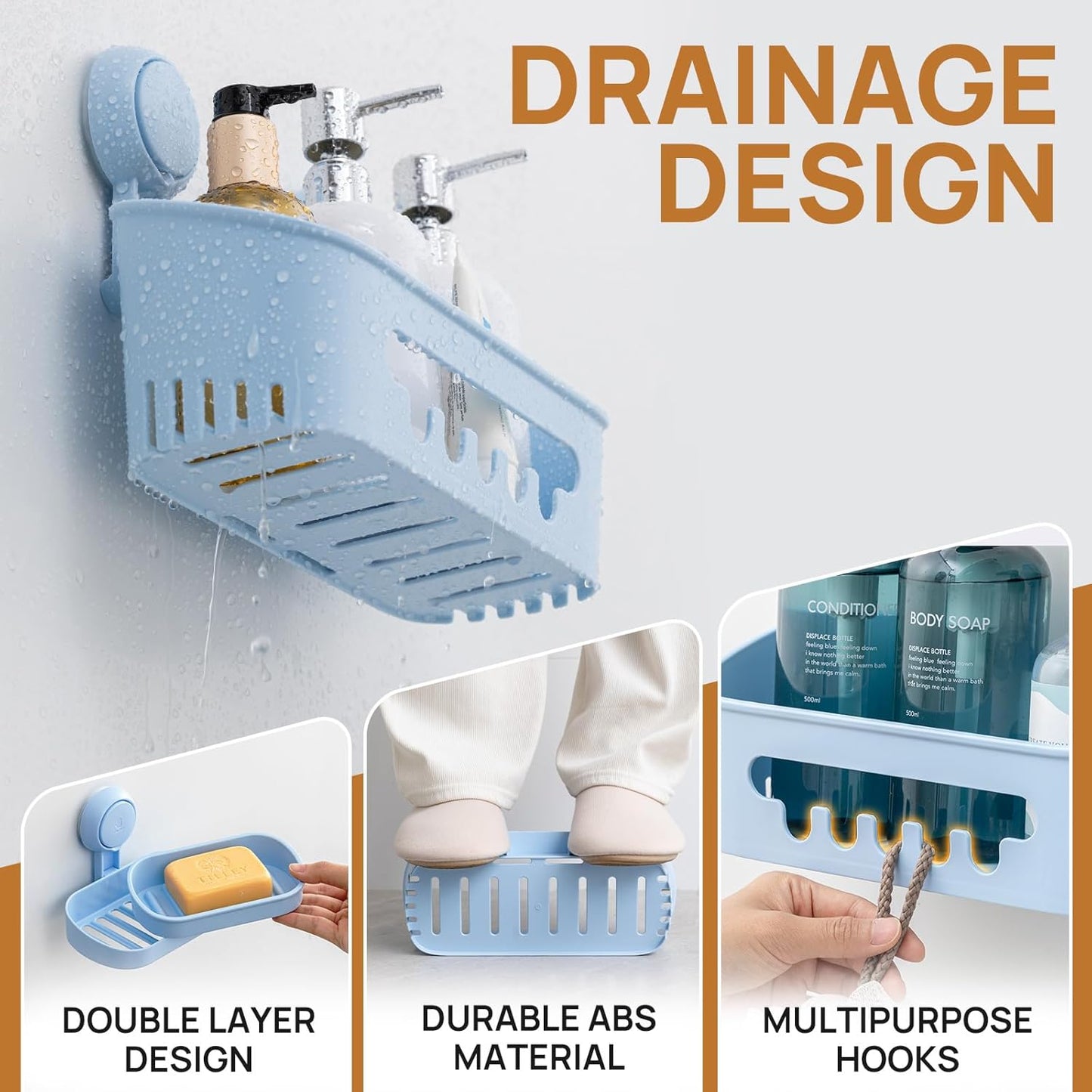 LEVERLOC Shower Caddy Suction Cup Set Shower Organizer & Soap Holder & Toothbrush Holder, Bathroom Shelf Basket NO-Drilling, Removable Suction Storage Waterproof Bathroom Caddy, Blue