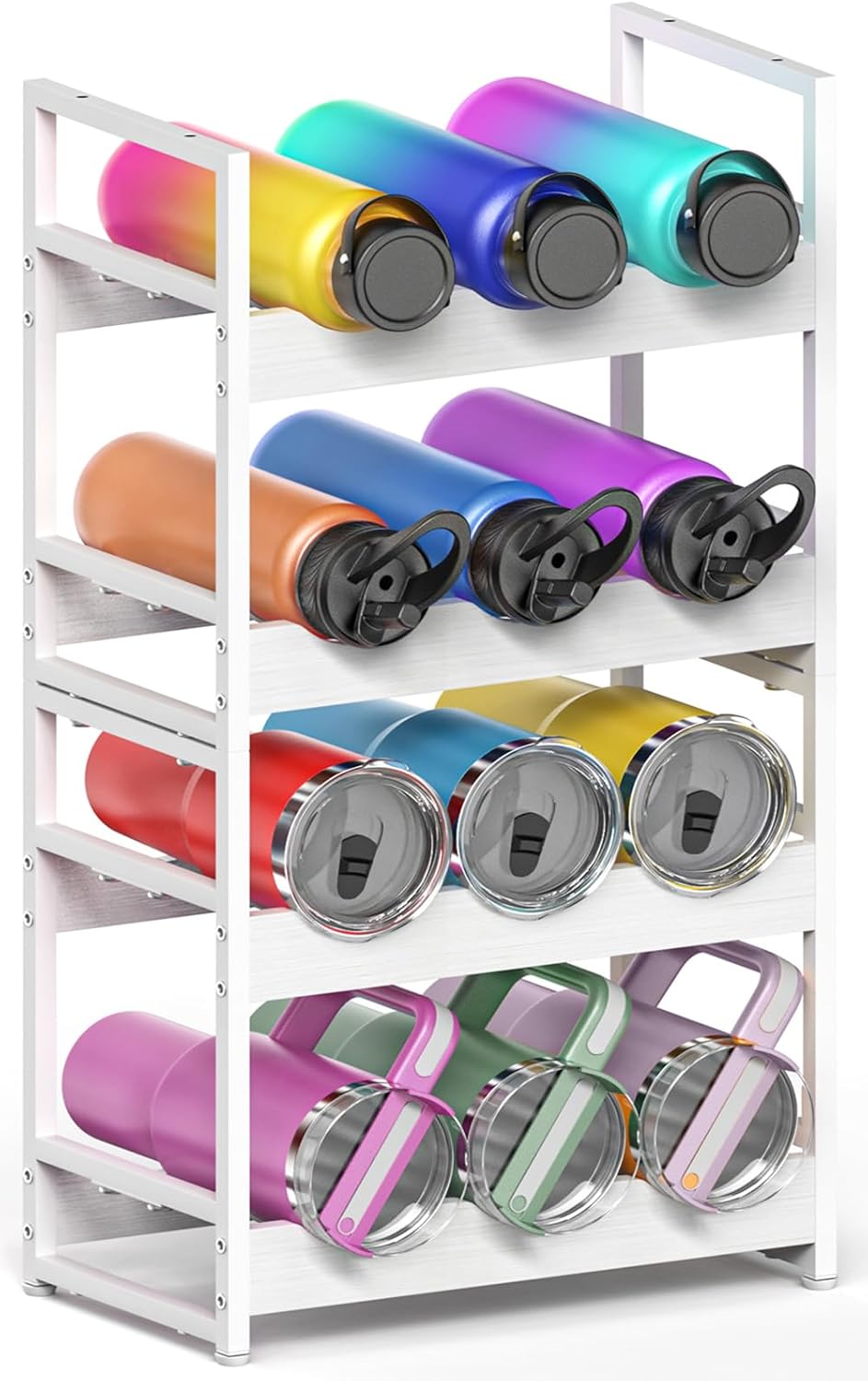 Wooden Water Bottle Organizer, 20/30/40oz Tumbler Organizer, Bottle Holder for Owala/Yeti/Stanley, Kitchen Pantry Water Bottle Storage Rack for Cabinets, Wood Wine Rack, 4 Tier Hold 12