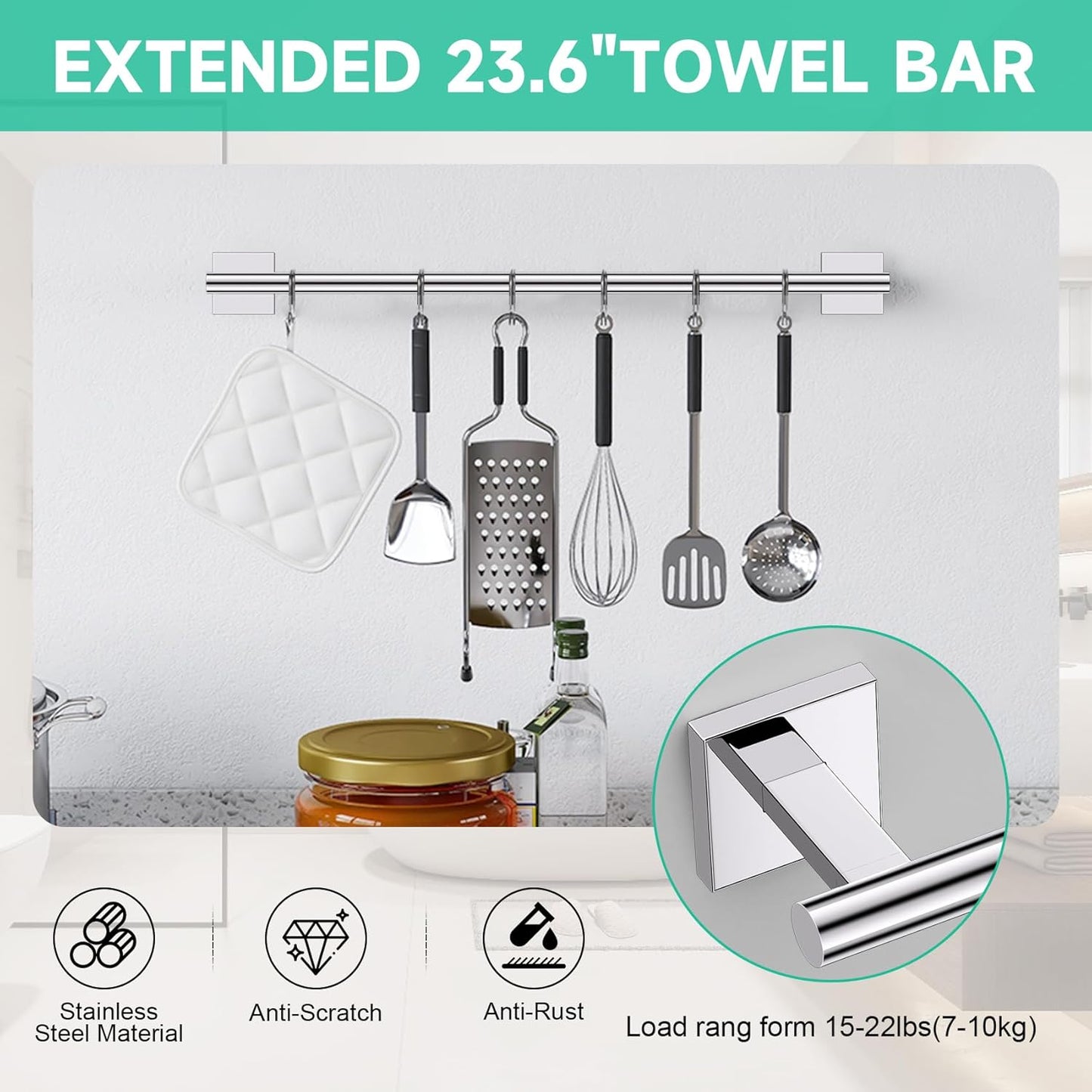 Polished Chrome Bathroom Hardware Accessories Towel Bar Set, 10 Pieces Bathroom Towel Bar Holder Set, 23.6 Inch Stainless Steel Toilet Paper Holder Towel Racks for Bathroom Wall Mounted