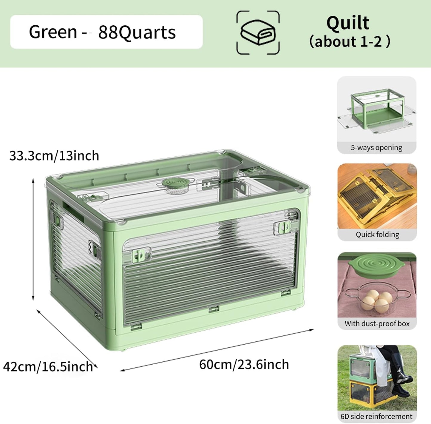 3 PACK Stackable Storage Bins, 83 Liters Closet Organizers with 3 Lids, Wheels, Drawers, Foldable Collapsible Box for Clothes and Camping Out Doors Bins, Green