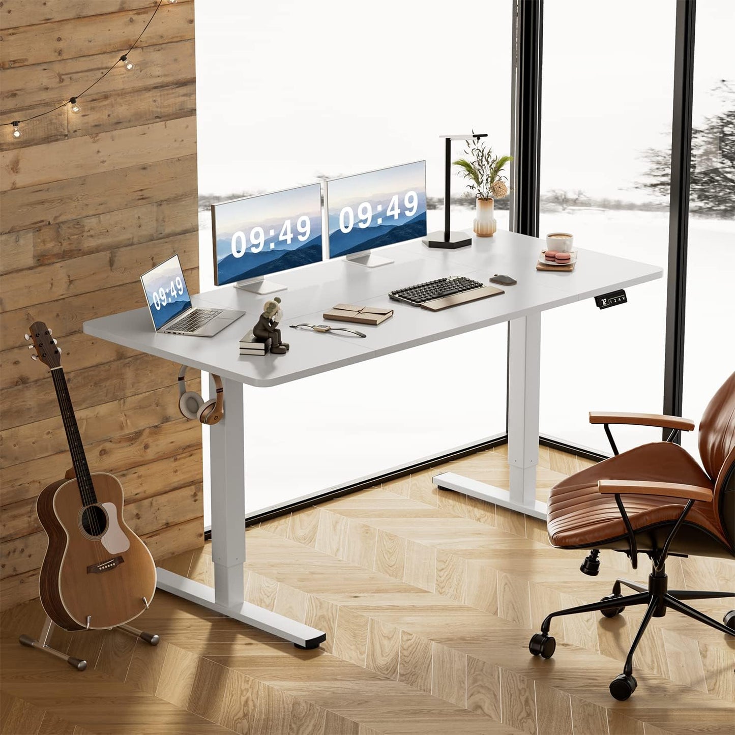 Furmax Electric Height Adjustable Standing Desk Large 63 x 24 Inches Sit Stand Up Desk Home Office Computer Desk Memory Preset with T-Shaped Metal Bracket, White