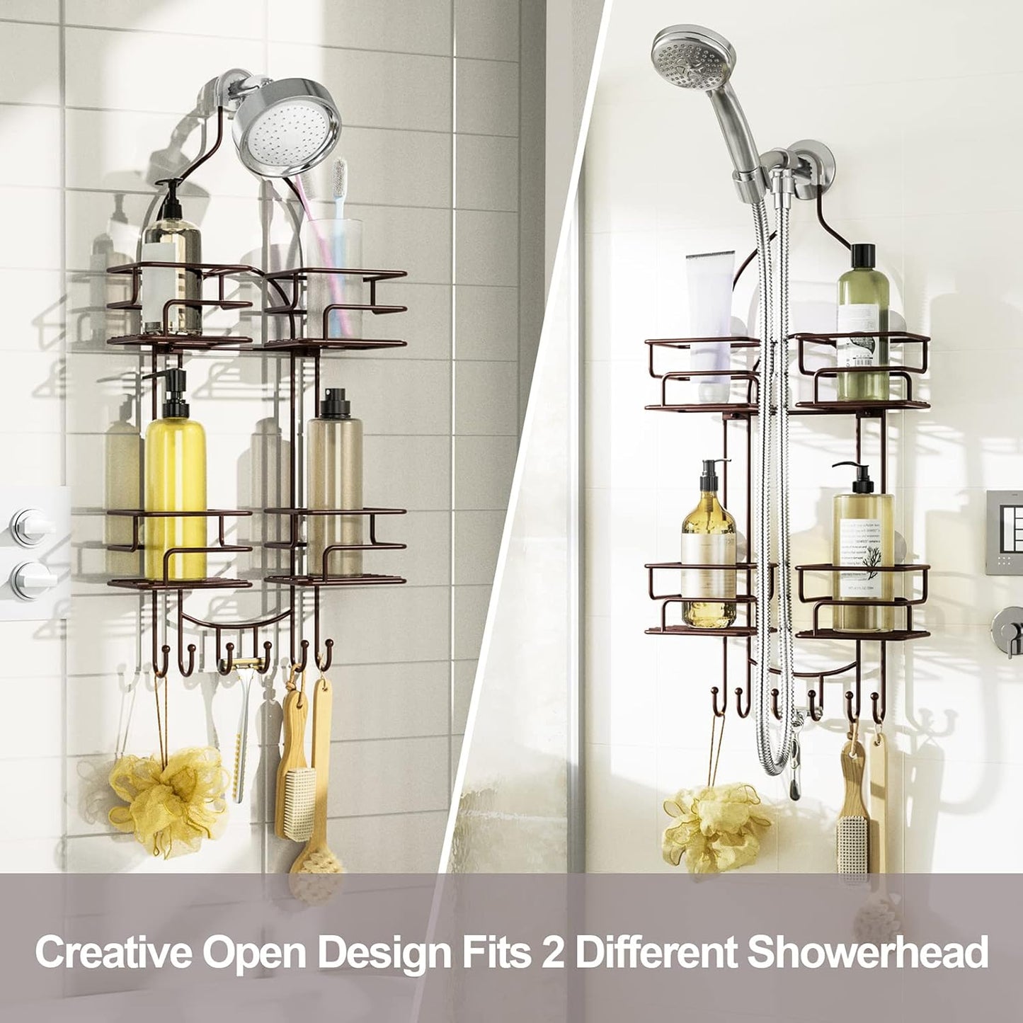 SRIWATANA Shower Caddy Organizer Hanging Over Head, Bathroom Shower Rack Hanger with Hooks for Razors - Bronze