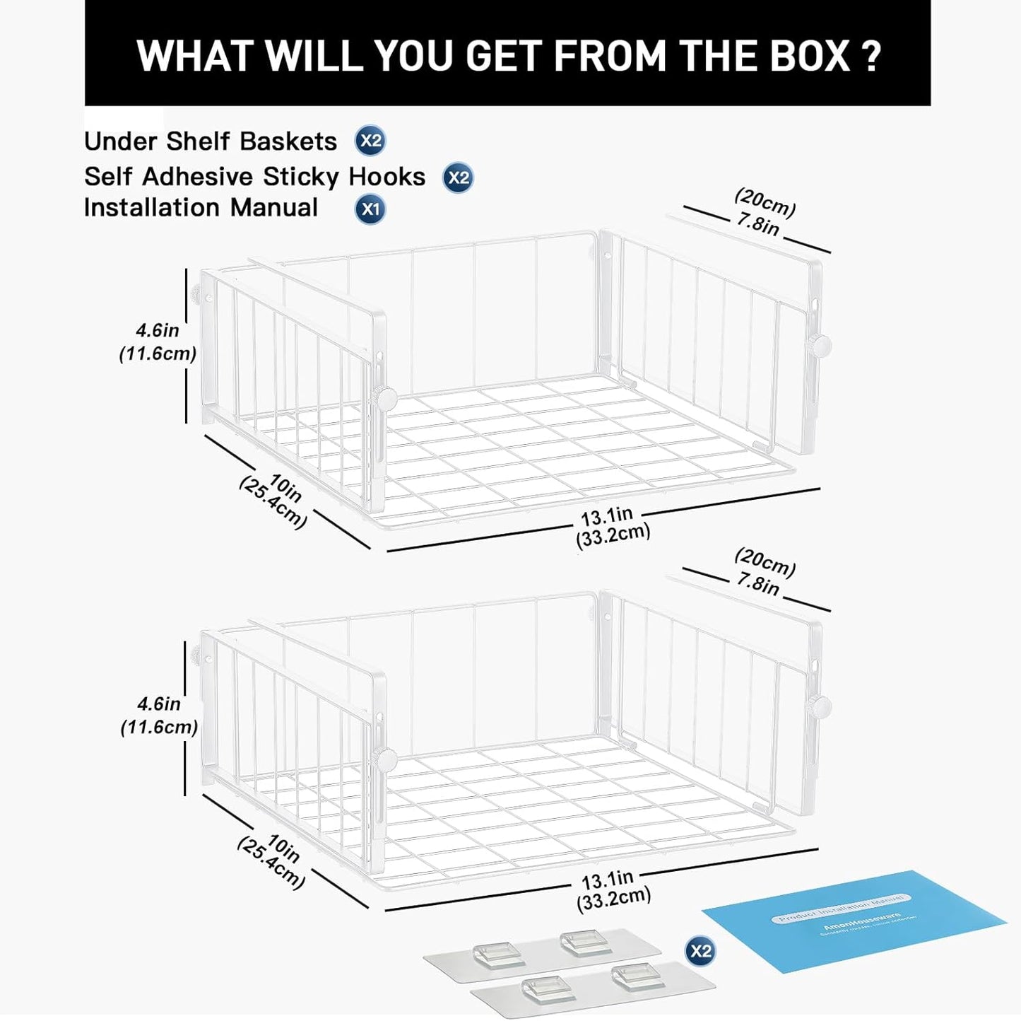 2 Pack Hanging Under Shelf Storage Basket,Adjustable Under Cabinet Add-on Storage Racks Slide-in Baskets Organizer for Laundry Room Kitchen Pantry Desk Bookshelf, White