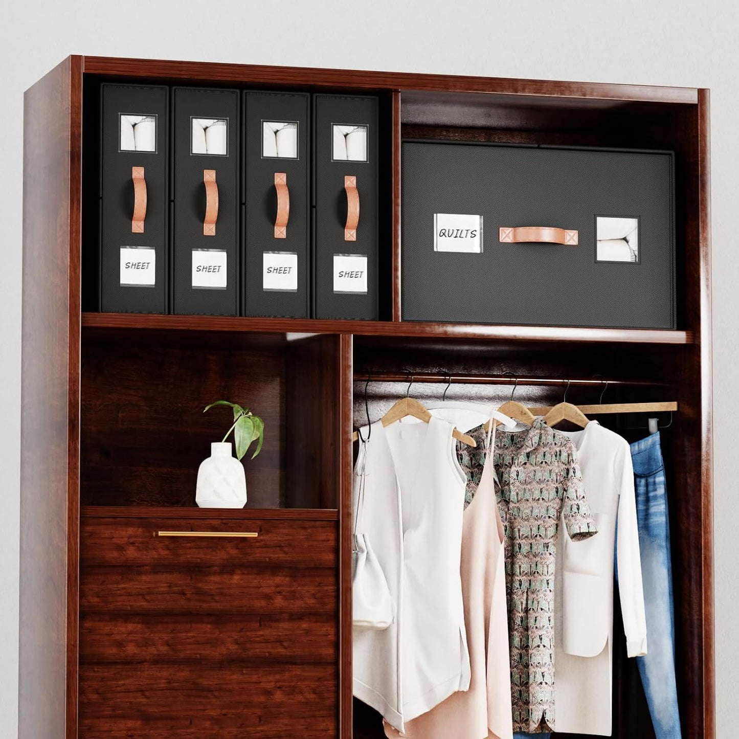 4 Pack Bed Sheet Storage Organizers- Premium Fabric Closet Organizer with Clear View Window, Space-Saving Foldable Design for Queen/King Size Bedsheets, Blankets & Duvet Covers