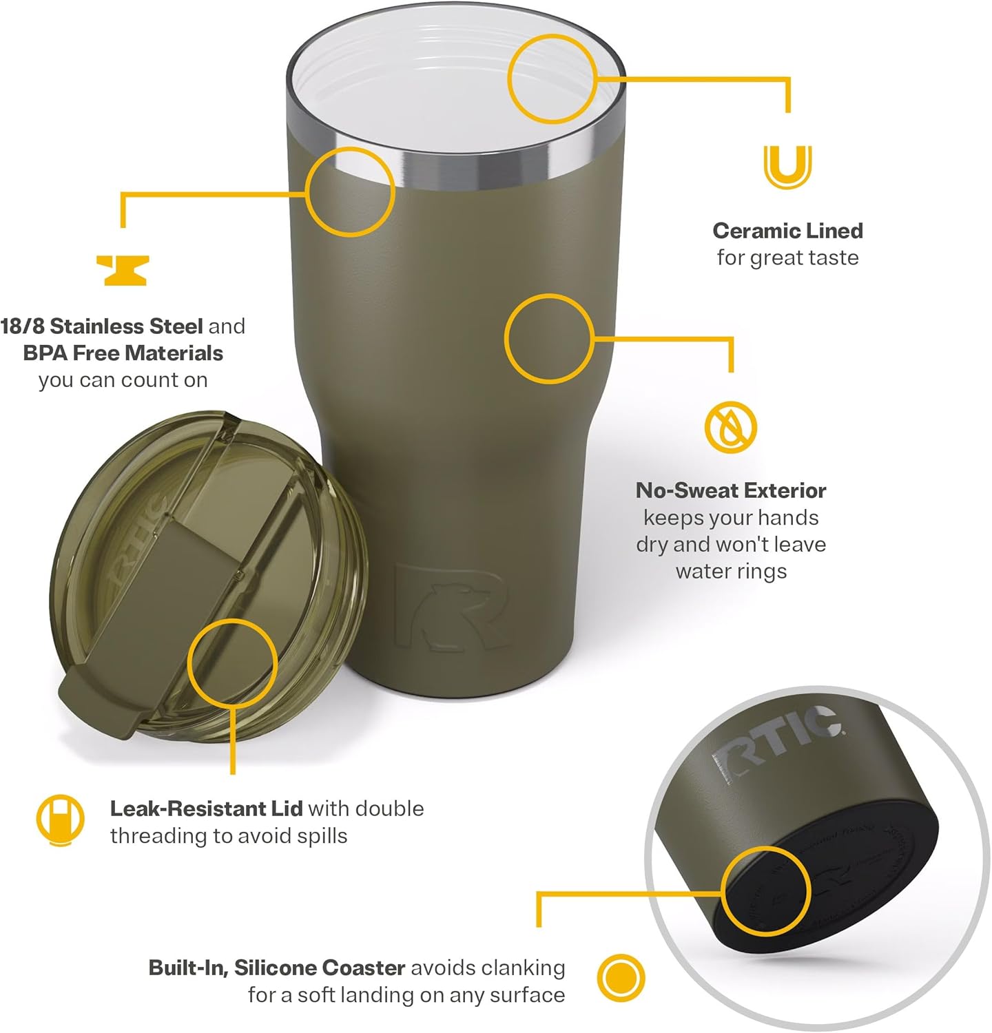 RTIC 30oz Essential Tumbler with Lid, Ceramic Lined, Insulated, Stainless Steel, Metal, Double Wall Vacuum-Insulation, Travel Cup for Iced Coffee, Tea, Hot and Cold Drink, Olive