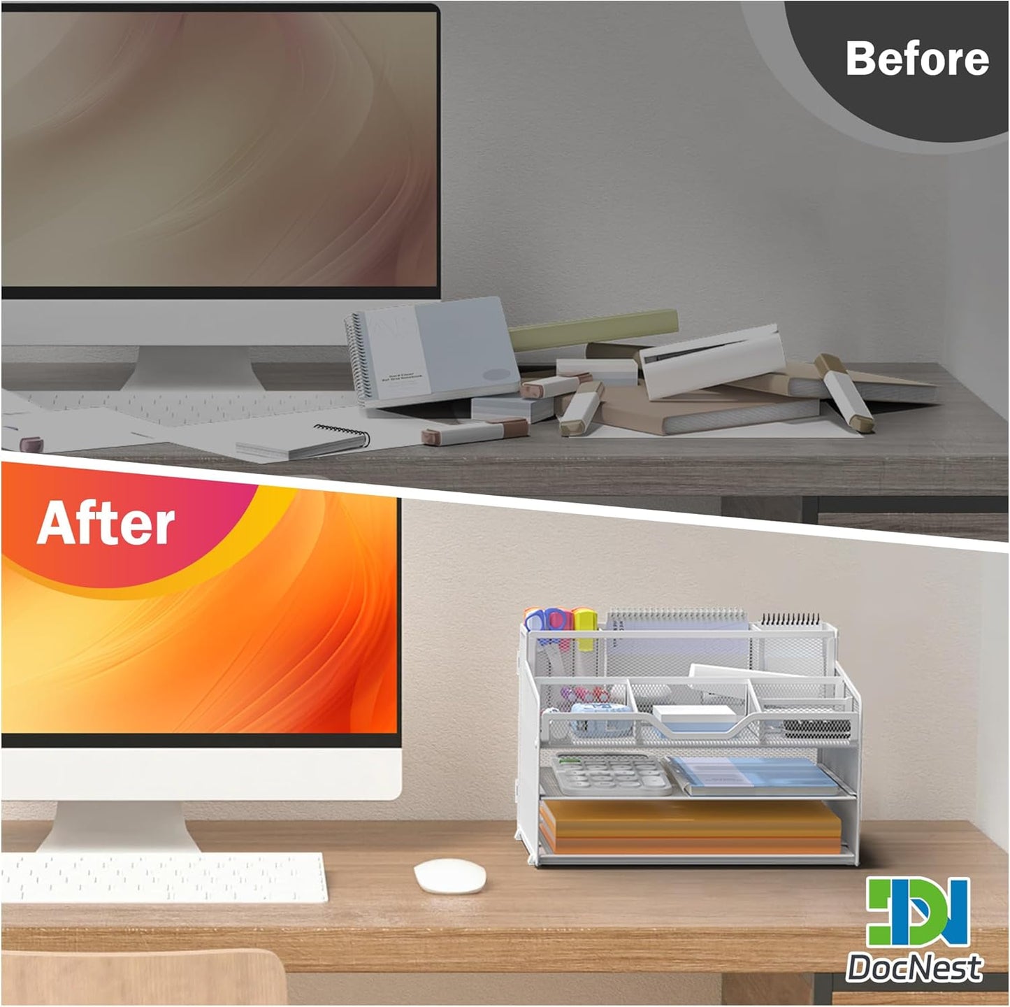 Docnest 3 Tier Mesh Desk Organizer for Paper Office Supplies – Multi-Functional Letter Tray with 5 Adjustable Compartments, 3 Pen Holders, Desktop Storage for Files, Mail, Stationery – White