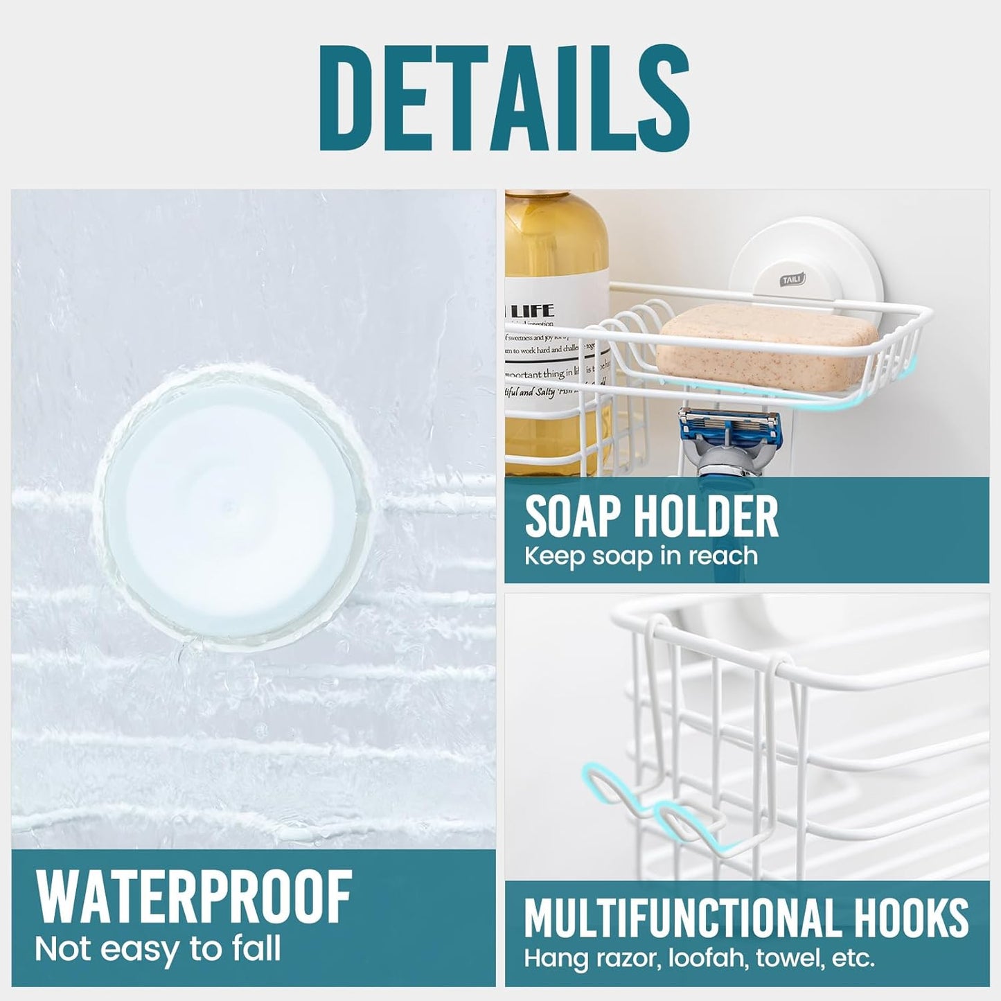 TAILI Shower Caddy Suction Cup 2 Pack with Hooks & Soap Holder, Heavy Duty Shower Organizer for Bathroom, No Drilling Bathroom Organizer with Large Capacity, Metal Storage Basket-White