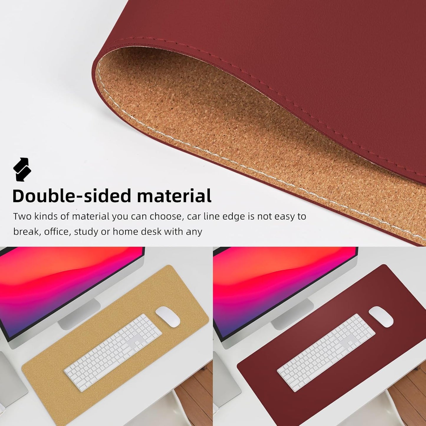 Desk Mat 35" x 17" Leather Desk Pad Protector with Natural Cork & PU Leather, Non-Slip Office Desk Mat, Double-Sided Large Mouse Pad, Waterproof Desk Cover for Office&Home (red)