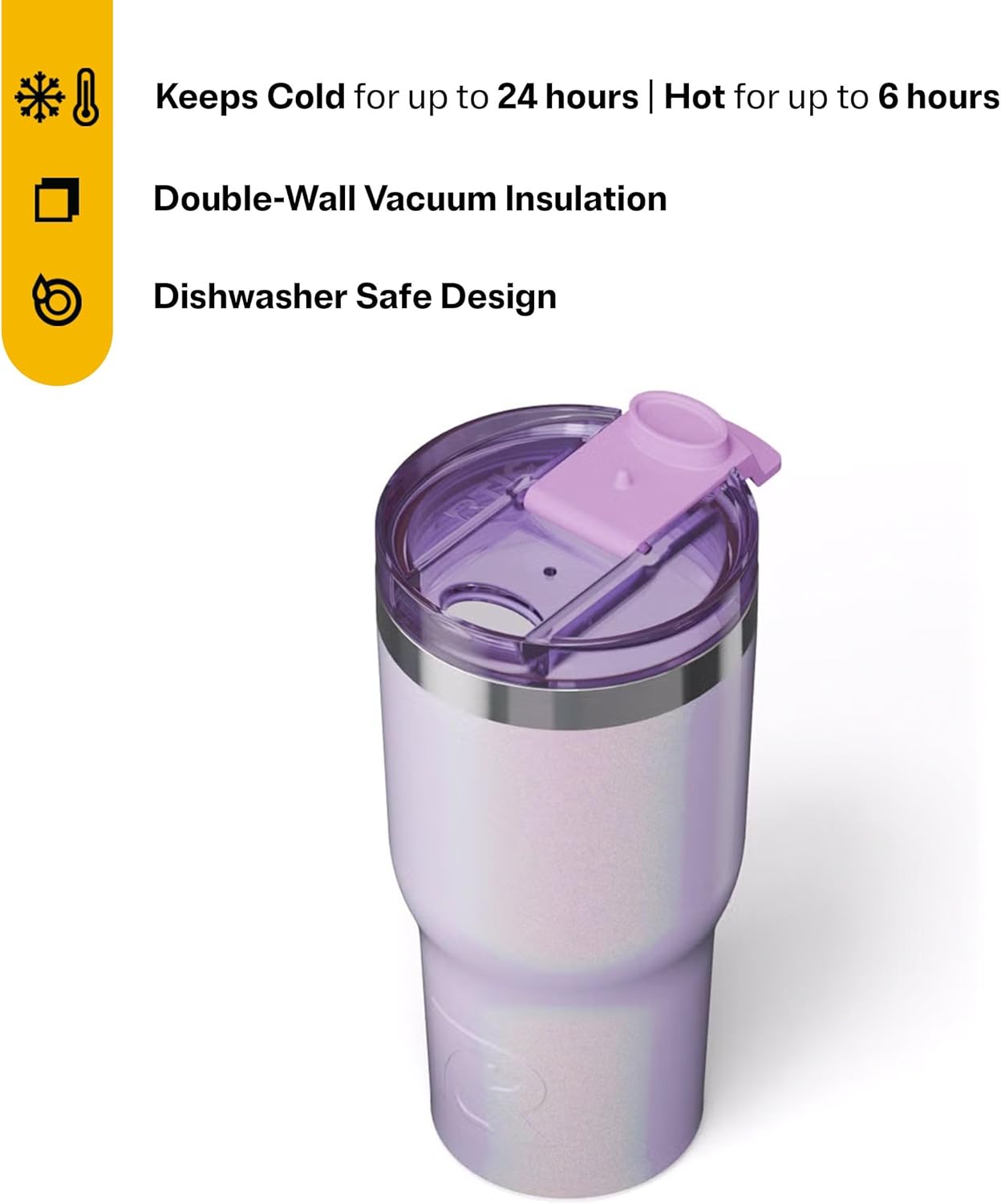 RTIC 20oz Essential Tumbler with Lid, Ceramic Lined, Insulated, Stainless Steel, Metal, Double Wall Vacuum-Insulation, Travel Cup for Iced Coffee, Tea, Hot and Cold Drink, Lavender Glitter