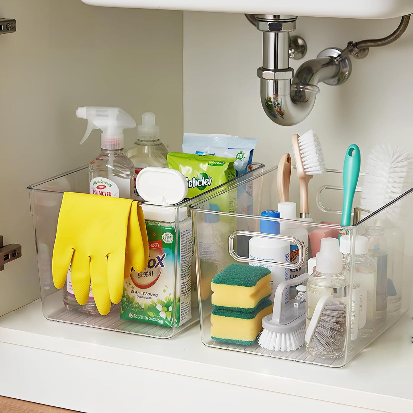 Clear Plastic Storage Bins, 4 Pack Pantry Organizers & Storage Containers, Cabinet Organizer, Home Organization Must Haves for Kitchen, Laundry Room, Office, Closet & Freezer