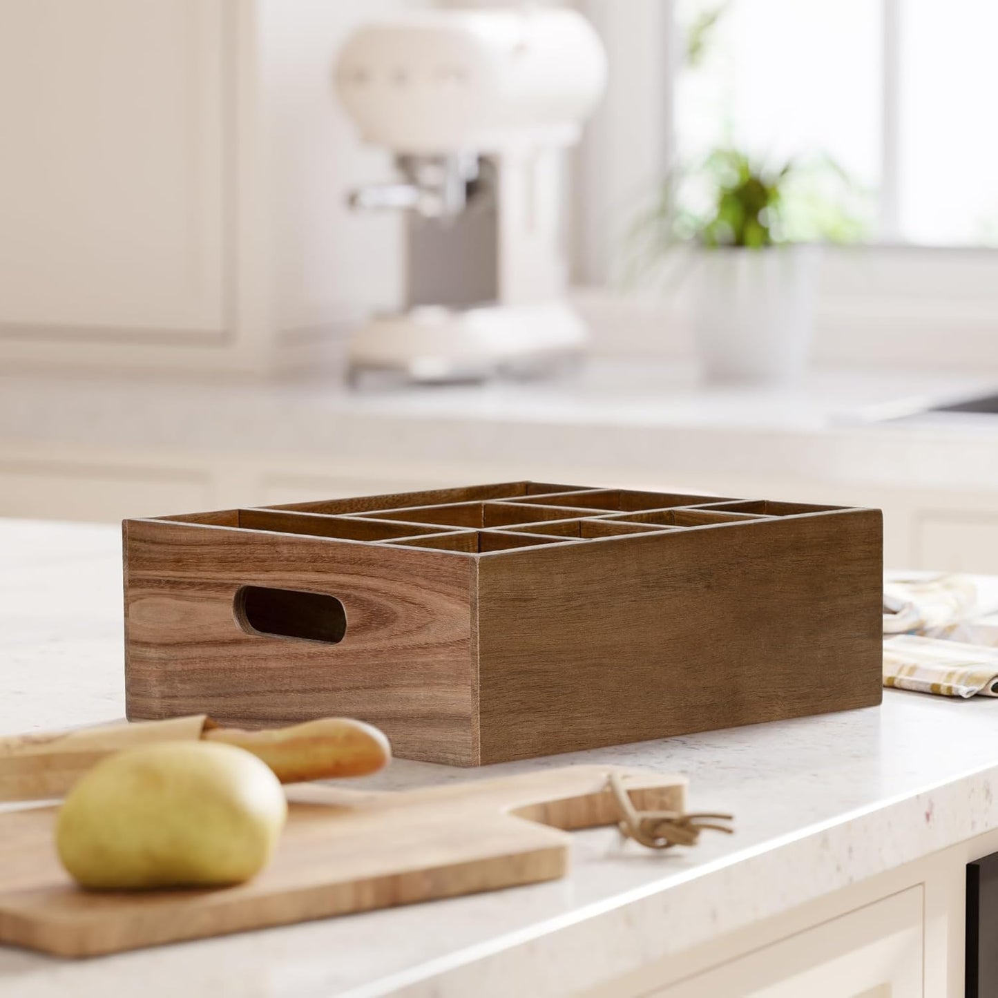 VaeFae Acacia Wood Caddy Organizer, Napkin and Paper Plate Holder, Wooden Utensil Holder, Silverware Caddy for Kitchen, Camping, Party