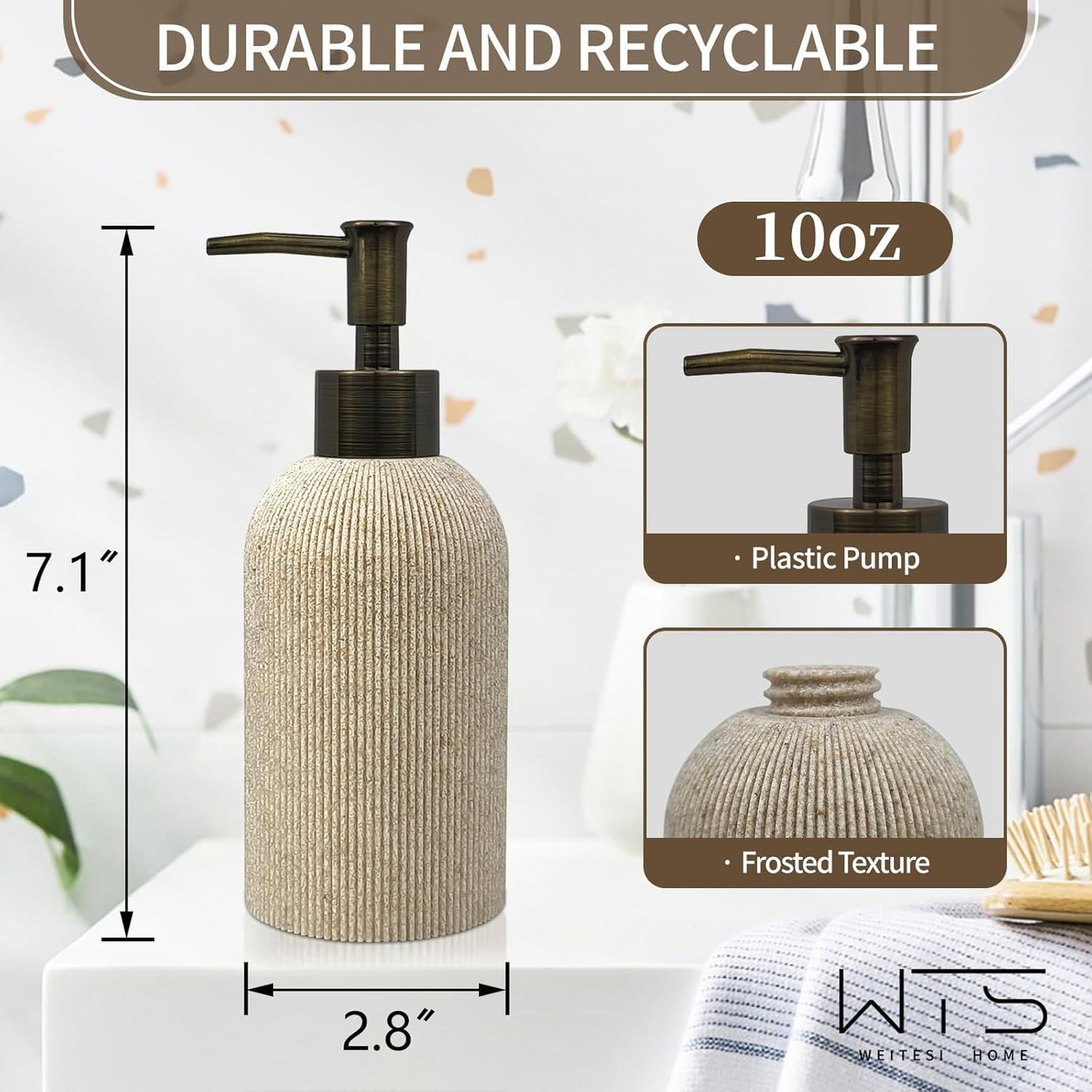 Hand Soap Dispenser for Bathroom and Kitchen Countertop, 10 oz Resin Soap and Lotion Dispensers Set with Plastic Rust Proof Pump, Boho Refillable Liquid Dish Soap Dispensers Bottle,Beige
