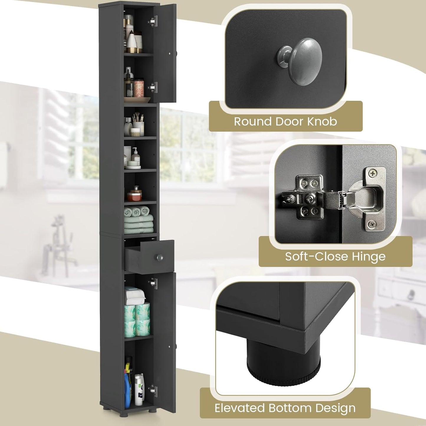 71" Tall Narrow Bathroom Storage Cabinet, Modern Skinny Toilet Paper Storage Organizer w/1 Drawer, 2 Doors & 5 Adjustable Shelves, Slim Tower Floor Cabinets for Small Spaces