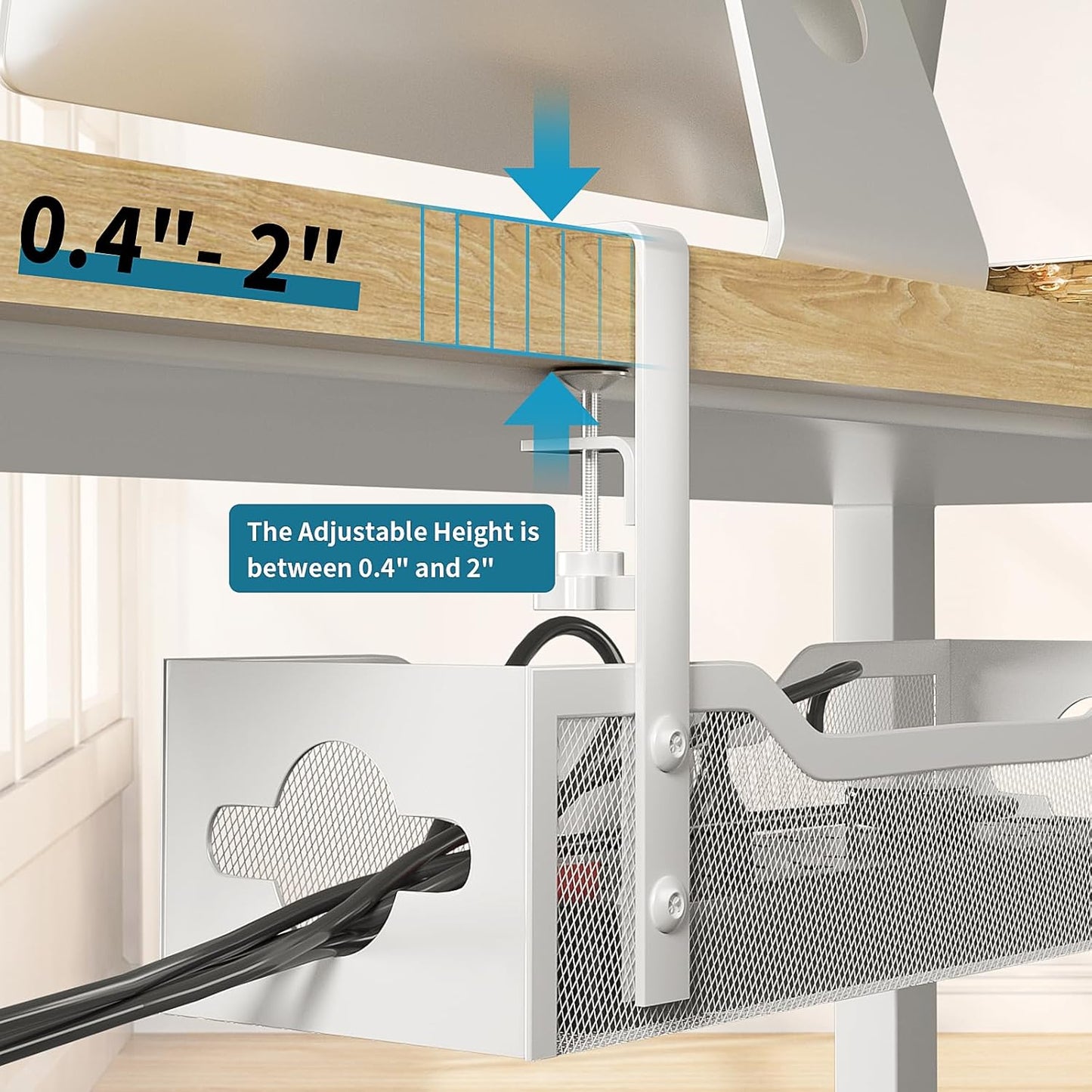 Under Desk Cable Management Tray No Drill, 13.38'' Metal Tray with Clamp for Wire Management, Litwaro Cord Organizer Home Office Damage to Standing Desk, White