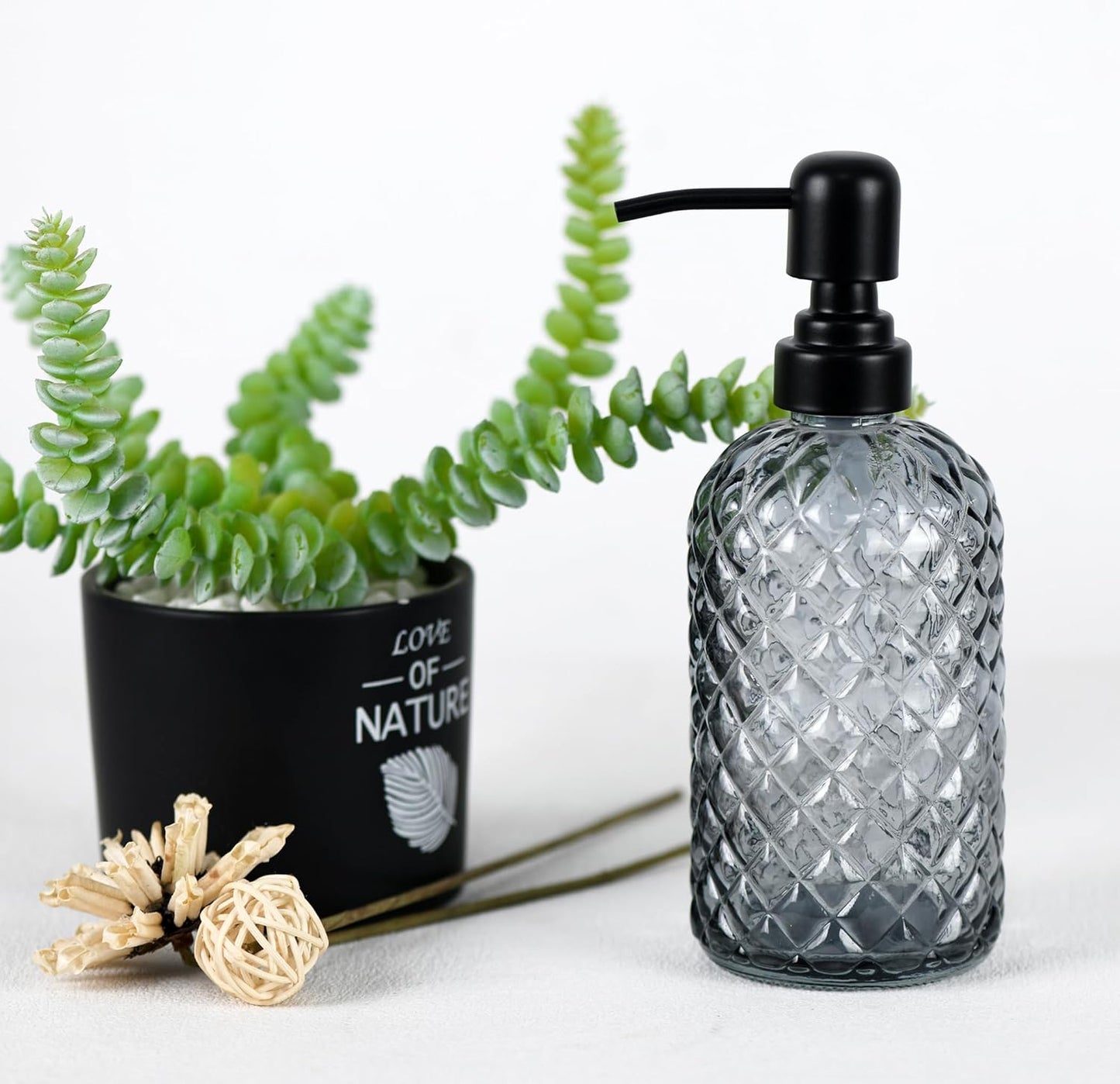 12Oz Glass Soap Dispenser with 304 Black Rustproof Stainless-Steel Pump, Refillable Glass Soap Dispenser for Kitchen, Bathroom, Farmhouse (Grey)