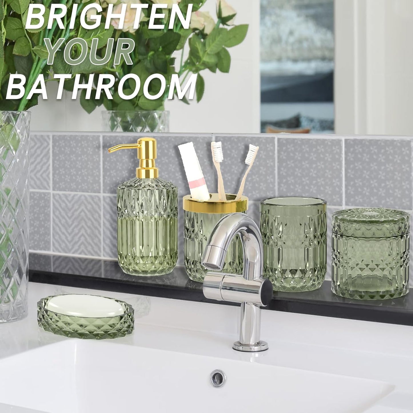 Green Bathroom Accessories Set, 5Pcs Clear Glass Green Accessories with Lotion Soap Dispenser, Soap Dish, Toothbrush Holder, Tumbler, Cotton Swab Jar, Modern Bathroom Decor Crystal Vintage Gift