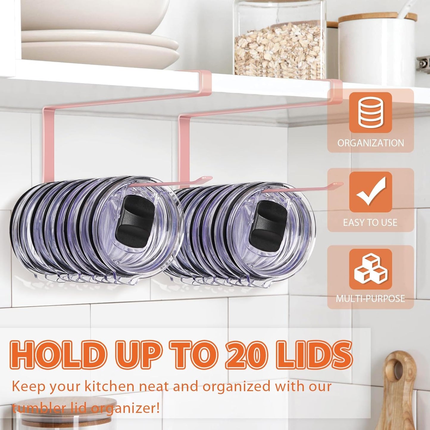 2 Pack Tumbler Lid Organizer, Horizontal Tumbler Lid Storage Hook to Hold Up 20 Lids, Space Saving Cup Lid Holders Under Cabinet Tumbler Lid Hook for Kitchen Organizer, Paper Towel Rack Hanger (Pink)