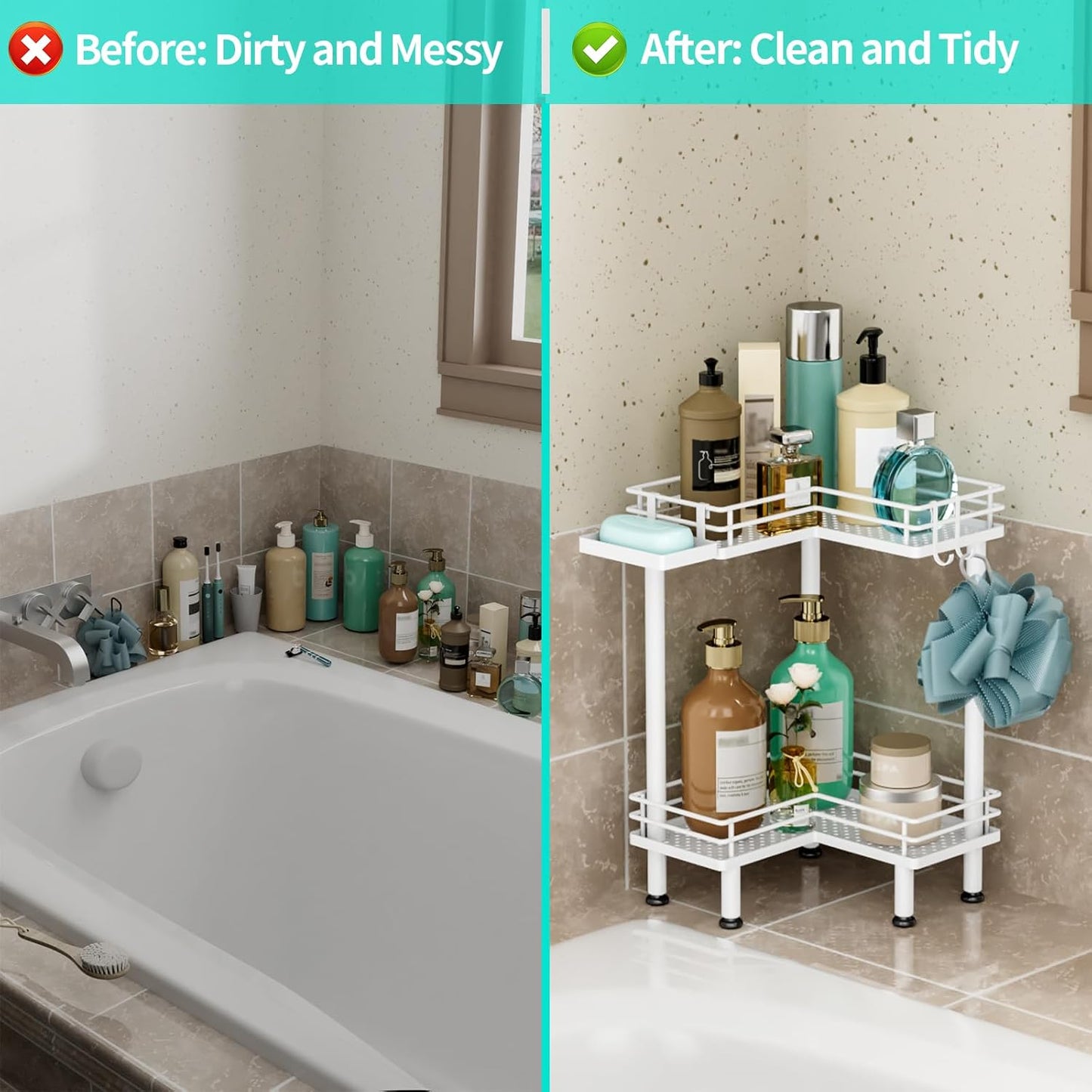 HapiRm Corner Shower Caddy Standing - 2 Tier Shower Organizer Corner with Soap Holder, Rustproof Bathroom Standing Organizer with 2 Hooks, White