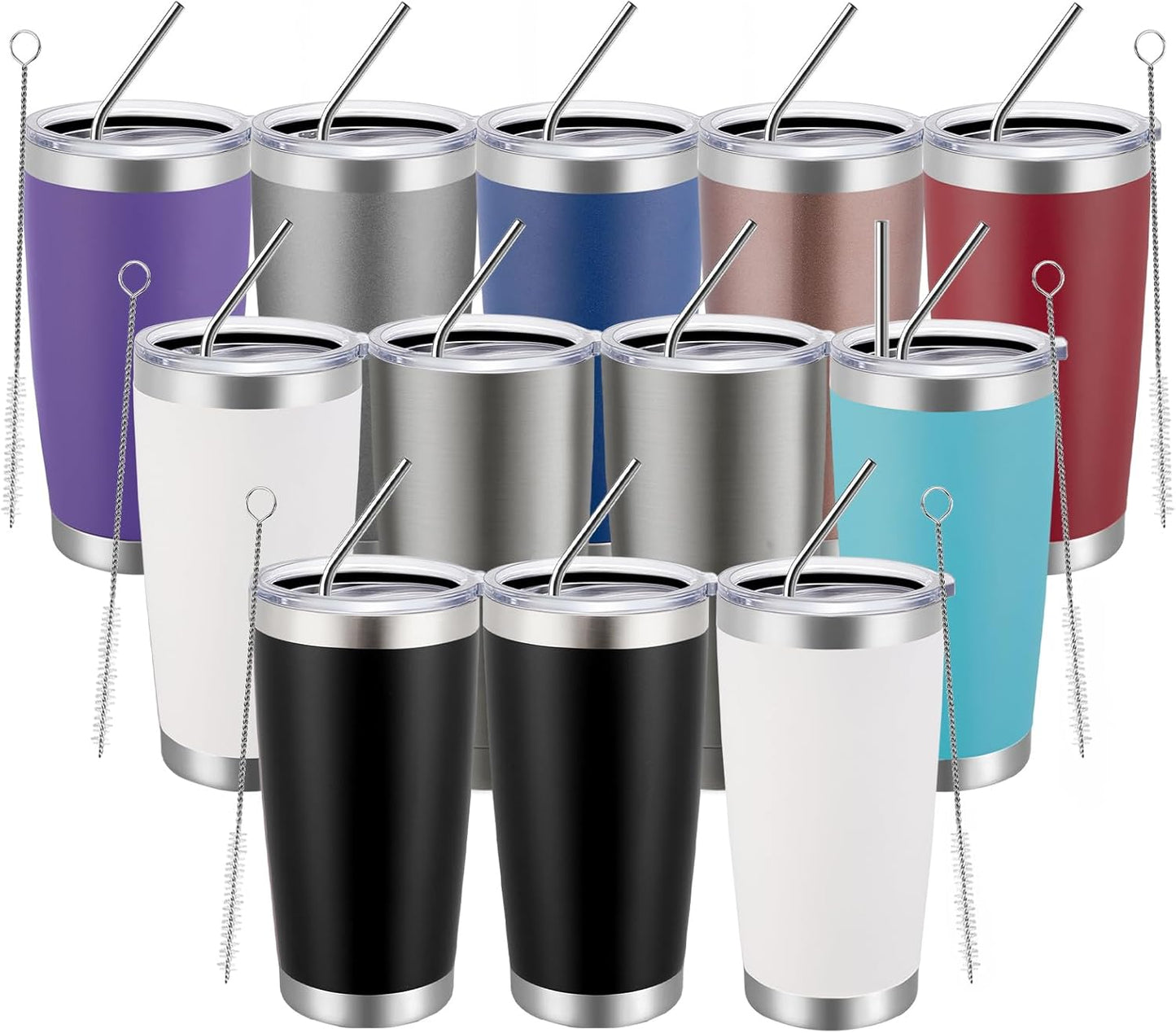 MEWAY 20oz Tumbler 12 Pack Double Wall Vacuum Insulated Travel Mug Bulk, Mix Color Stainless Steel Tumblers with Lid and Straw, Durable Powder Coated Coffee Cups for Cold & Hot Drinks（Color Mix, 12