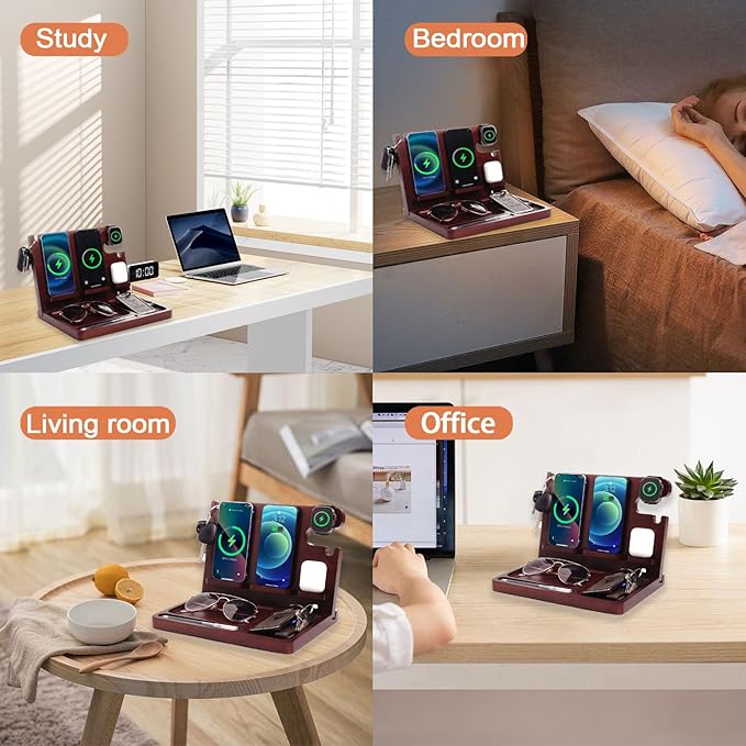 Wood Phone Docking Station,27W Fast Charging 2 Phone Wireless Charging Station for iosPhone/Android/iWatch/Air Pod,Nightstand Organizer for Men/Women,Anniversary,Birthday Gifts for Dad