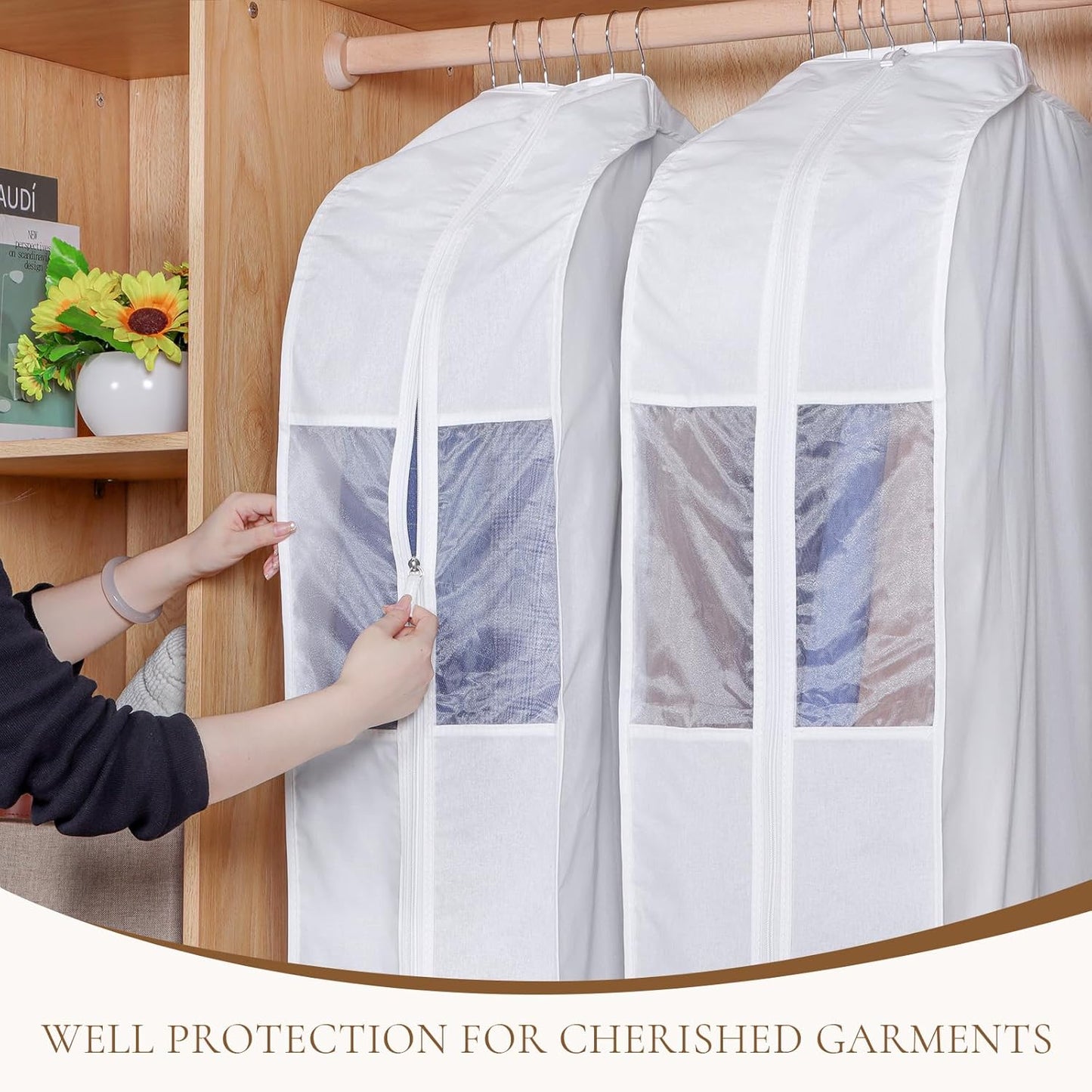Univivi Premium Cotton Garment Bags for Hanging Clothes and Storage, 40 Inch Washable Suit Cover Bag with Extra Large 10" Gusset & Clear Window - Perfect for Suits, Coats, Jackets - 2 Pack