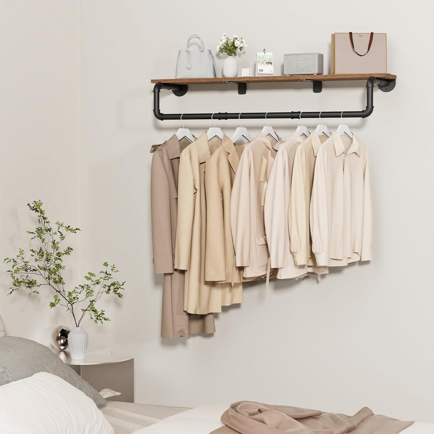 Industrial Pipe Clothing Rack with Top Shelf, Closet Poles for Hanging Clothes, Heavy Duty Iron Garment Racks Wall Mounted, 41.3x10.2x5.9 Inch, Black