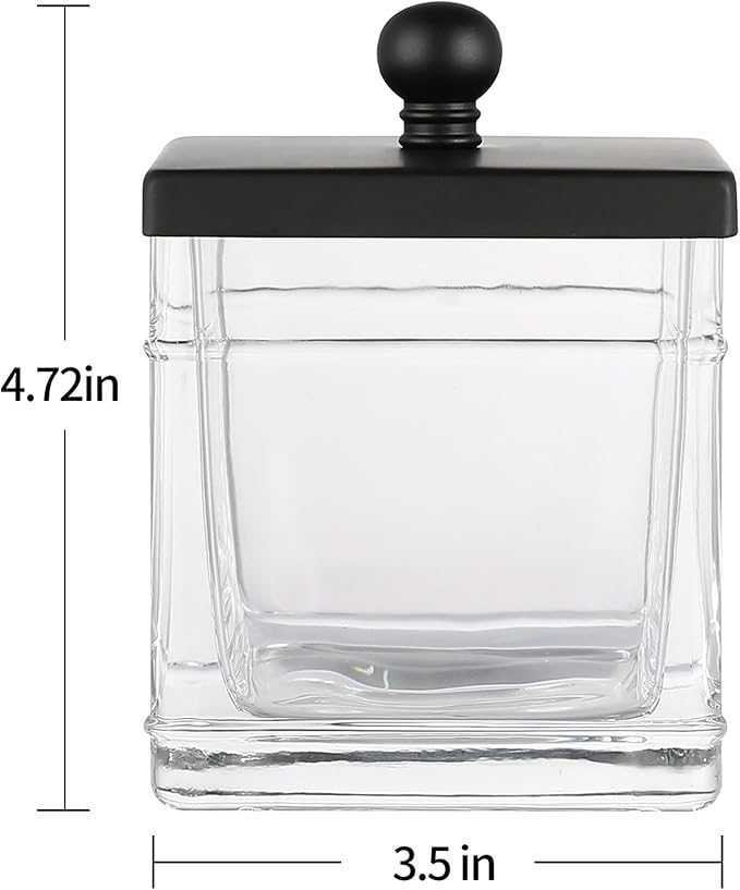 Glass Cotton Jar Holder 2 Pack– Matte Black Lid, Elegant Bathroom Storage Canister for Qtips, Cotton Balls, Floss, Makeup Organizer, Vanity & Bathroom Organization