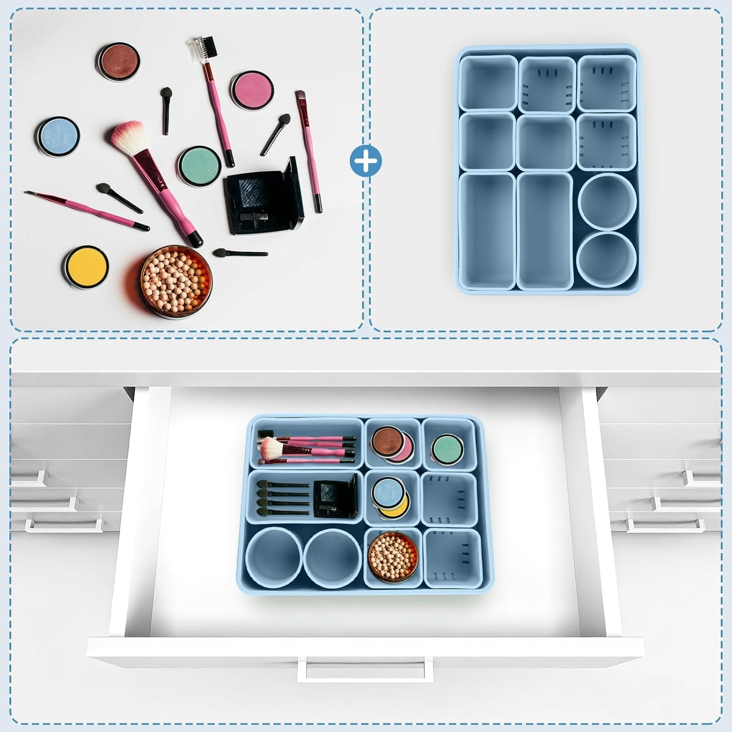 10 PCs Silicone Drawer Organizer Set, Desk and Vanity Makeup Organizer, Versatile Dresser Drawer Organizers for Makeup, DIY Storage, Home Organization, Bedroom, Office