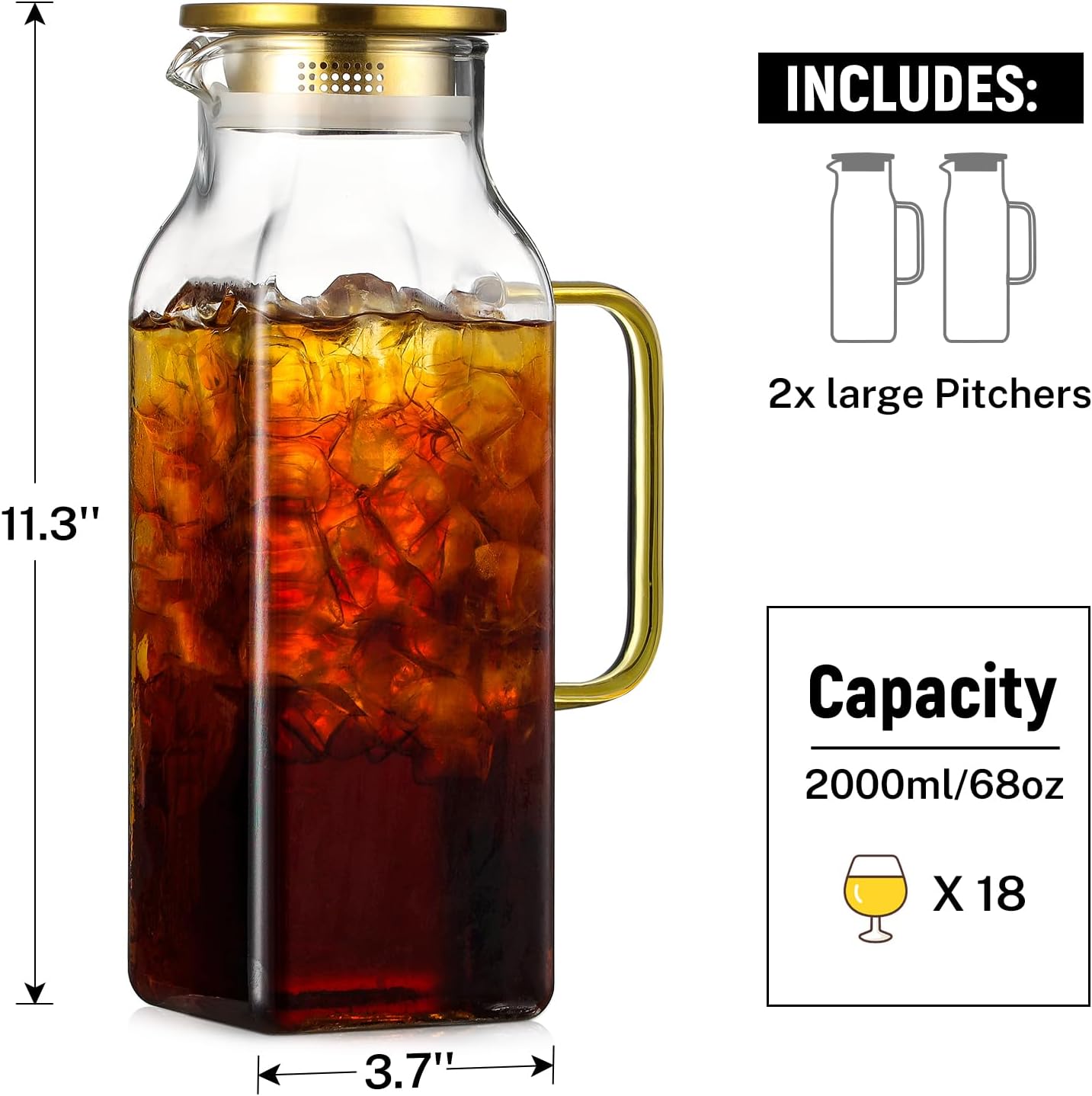 2 Pack 2 Liters/68 oz Square Glass Pitcher with Lid and Handle for Fridge, Iced Tea and Coffee Carafe Beverage Serveware, Heat Resistant Borosilicate Water Gold Jug for Hot/Cold Drinks and Milk