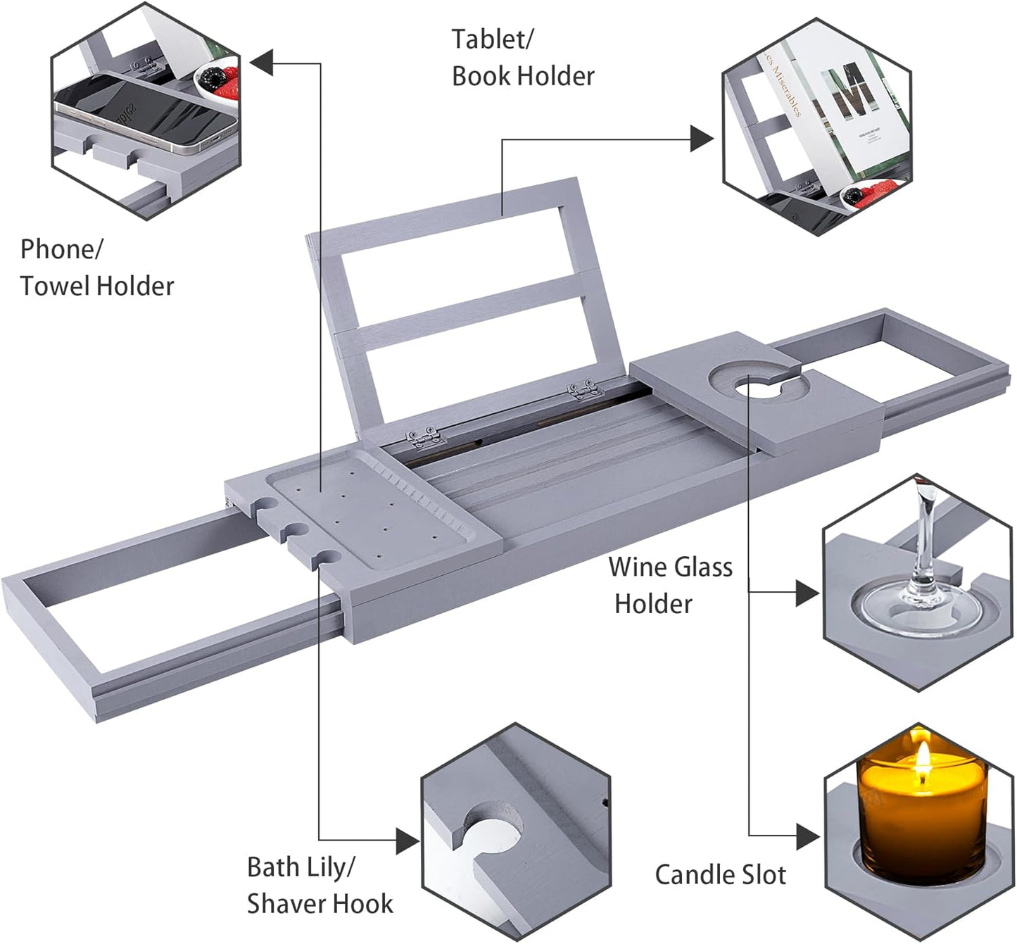 Utoplike Bathtub Tray Caddy Bamboo, Grey Bath Table for Tub Adjustable, Bathroom Organizer with Book Tablet Wine Glass Cup Towel Holder