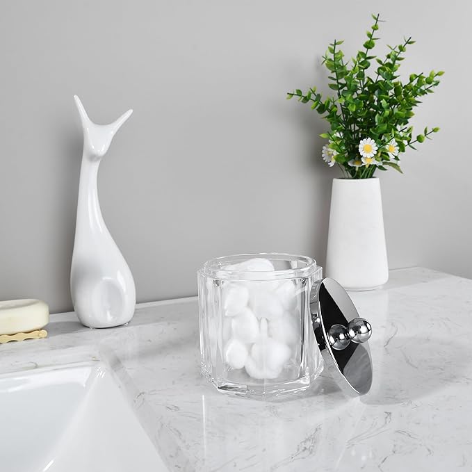 Clear Transparent Apothecary Octagional Shaped Glass Canister Jar With Silver/Chrome Metal Lid Cover for Bathroom Organization, Cotton Balls, Q Tips, and Small Accessories, Bath Storage