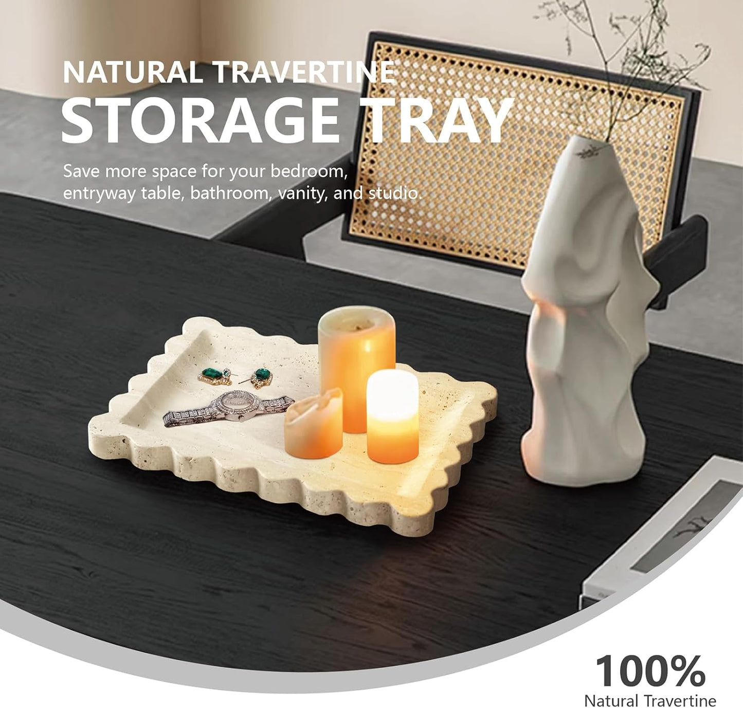 Decorative Marble Tray - Rectangular Bathroom Countertop Organizer for Vanity, Jewelry Display, Perfume(10.6"x7.8")