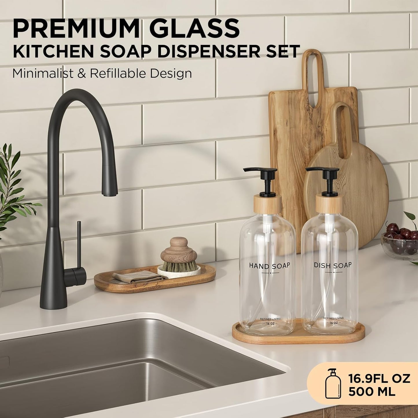 Hand and Dish Soap Dispenser Set,16oz Glass Bottles with Printed Labels, Bamboo Tray & Pump,Countertop Soap Dispensers for Kitchen,Luxury, Minimalist & Farmhouse Decor (Hand Dish (Transparent))