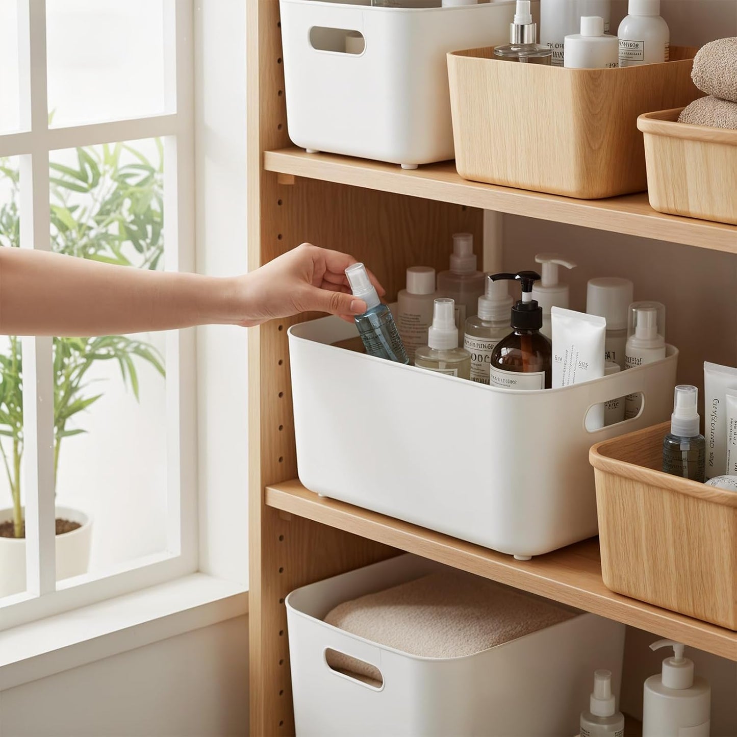 ANMINY 12PCS Plastic Storage Bins Containers with Lids, Large White Storage Organization Bins Boxes, Lidded Plastic Storage Baskets for Closet Shelves Drawers Desktop Home Office, White