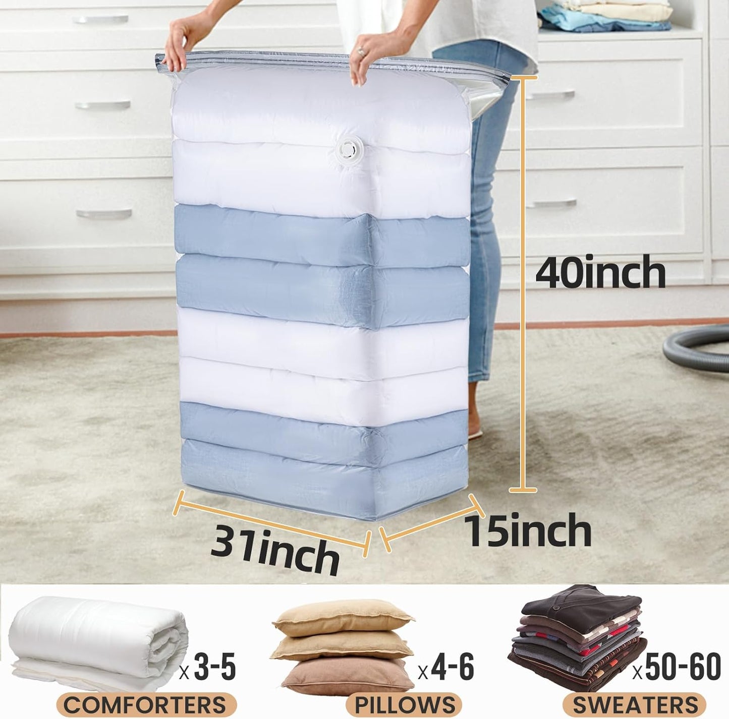 TAILI 6 Pack Vacuum Storage Bags, Jumbo Cube (31x40x15 Inch), Extra Large Vacuum Seal Bags for Comforters, Blankets, Bedding, Clothes, Closet Organization Space Saving, Clear