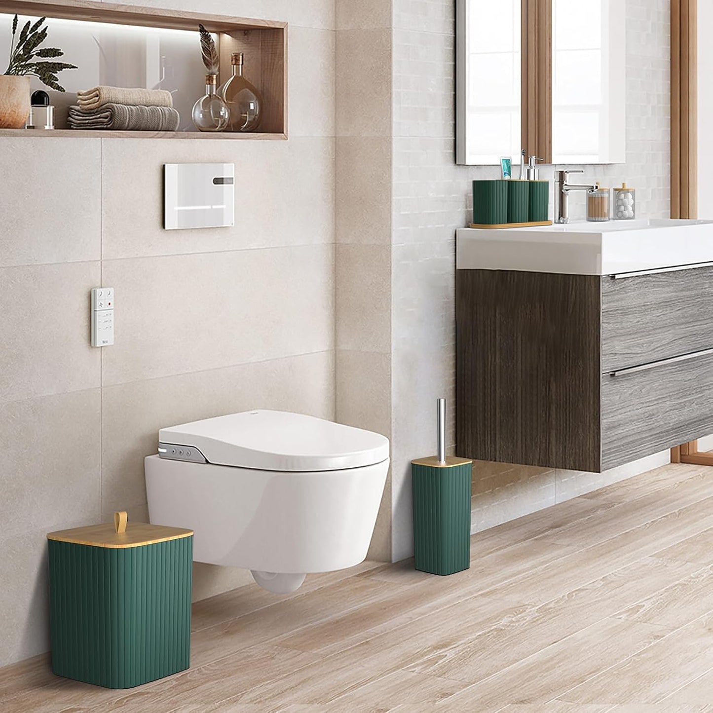 Bathroom Accessories Set - 22PCS Bathroom Set with Shower Curtain, Trash Can, Toilet Brush Holder Set & Soap Dispenser – Stylish & Functional Bath Decor for Home, Apartment, Green