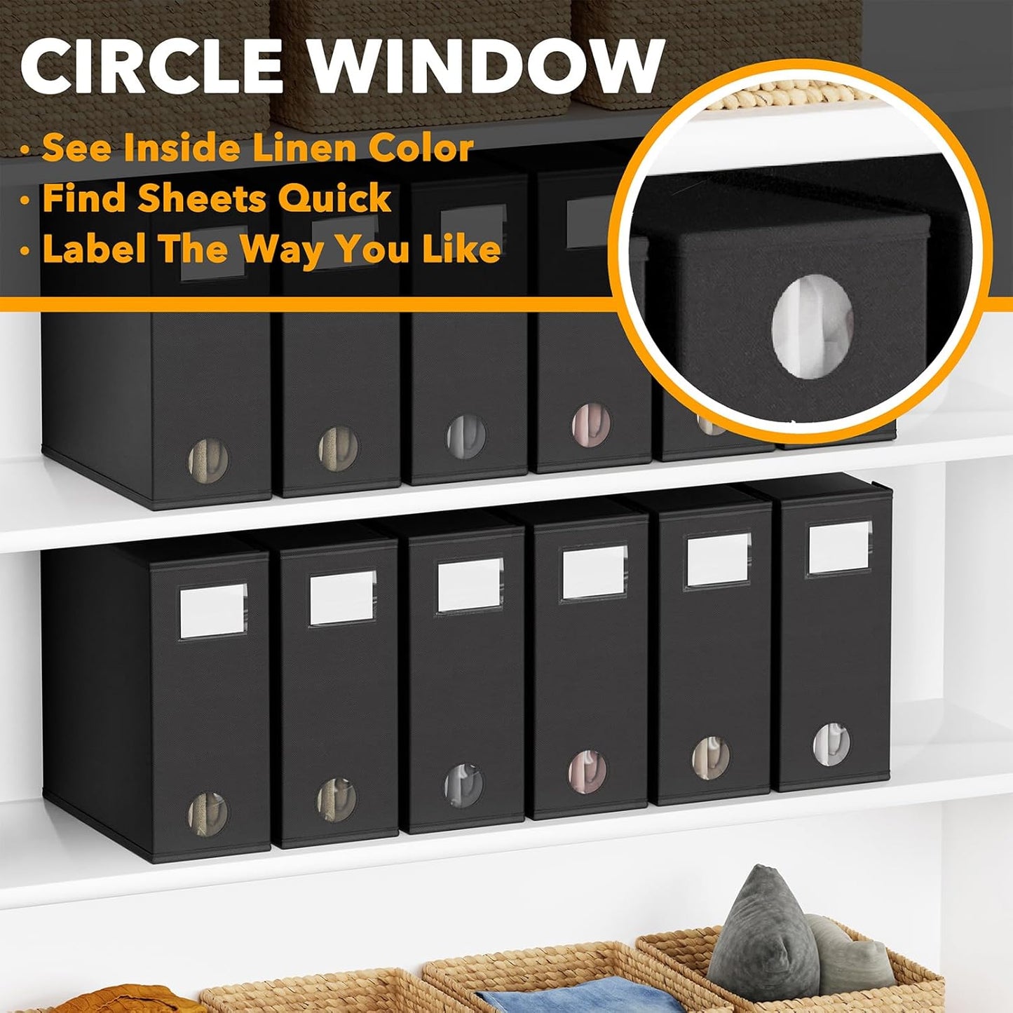 SpaceAid 12 Pack Bed Sheet Organizers and Storage, Foldable Sheet Organizer for Linen Closet, Set Folder Keeper with Window XL (Queen & King Size) Bedding Container (Black)