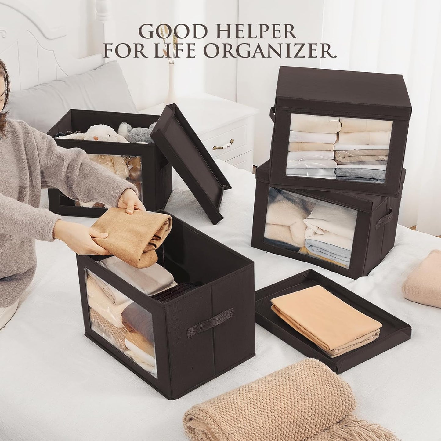 Stackable Storage Bins with Lids - Large Storage Box with Lids, Foldable Closet Boxes for Organizing, Wardrobe Clothes Organizer with Window, Cubes Bins for Living Room, 6 Pack, Brown