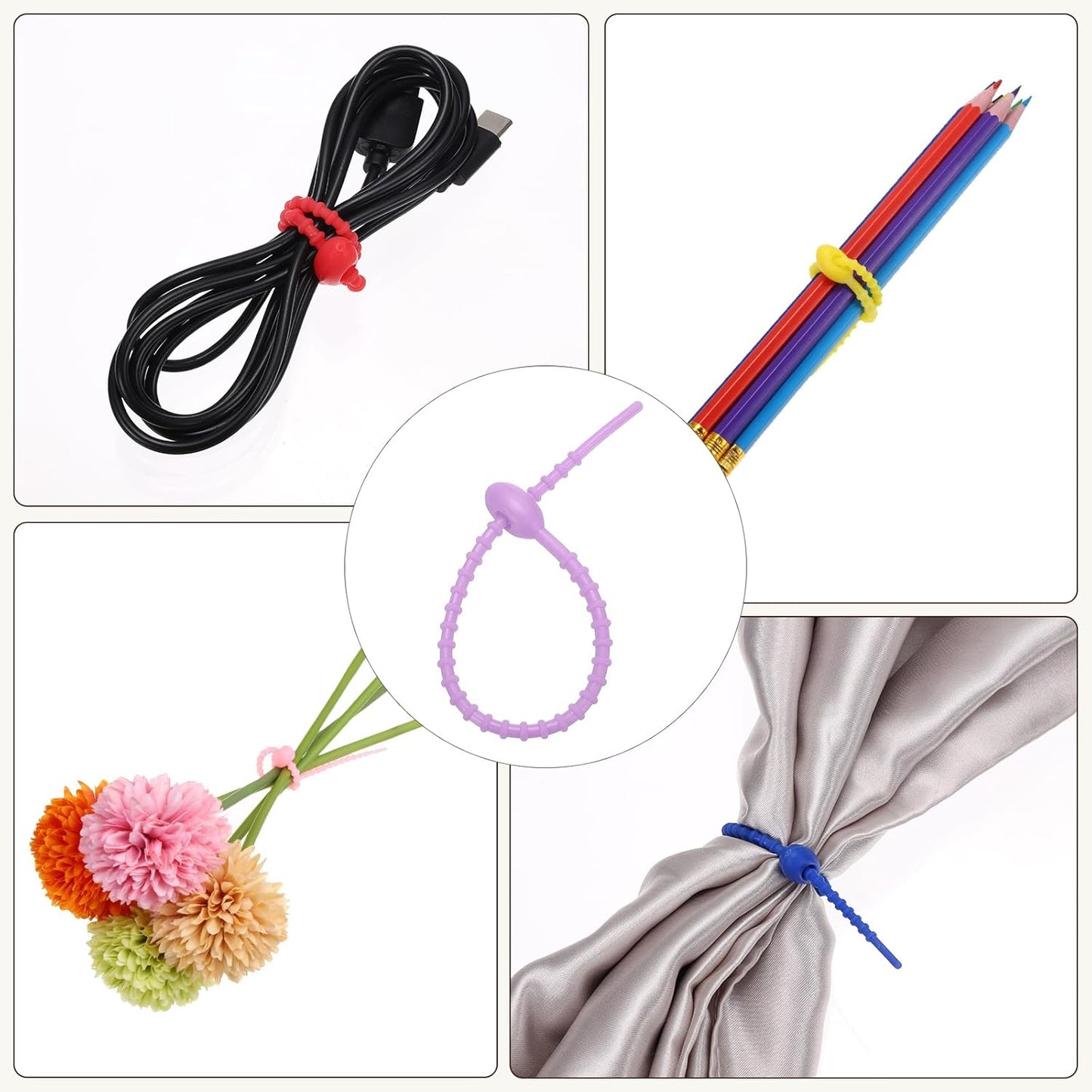 PATIKIL 8 Inch Silicone Cable Ties, 20pcs Rubber Reusable Twist Zip Ties Organizer for Home Office Kitchen Food bags Wires Adjustable Bag Clip, Light Purple