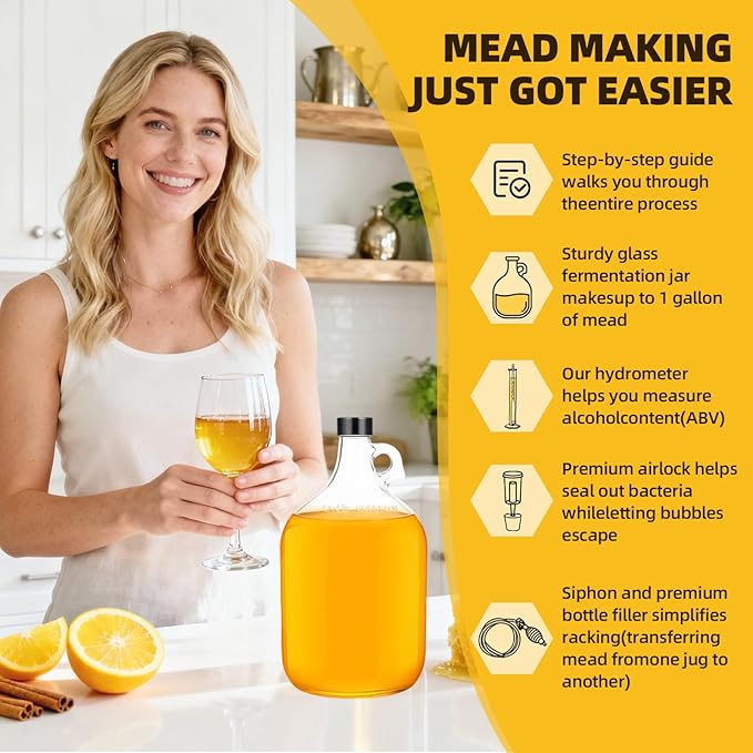 Mead Making Kit for Beginners 1 Gallon Home Brewing Kit with Glass Fermentation Jar Siphon Airlock Stopper Temperature Labe Funnel Hydrometer Reusable DIY Honey Wine Starter Set