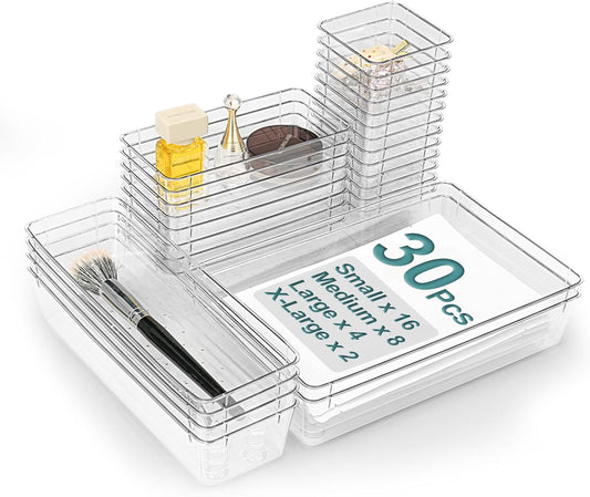 30Pcs Clear Plastic Drawer Organizers Set, 4size makeup drawer organizer trays for vanity,desk,bathroom,office,nightstand,gadgets for kitchen drawer, Versatile drawer divider storage bins