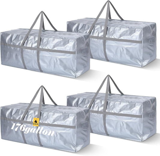 4 Pcs 176 Gallon Large Moving Bags with Zipper and Handles Foldable Storage Duffle Bags Heavy Duty Extra Large Totes for College Dorm Travel Clothes Blankets Bedding Moving (Silver)