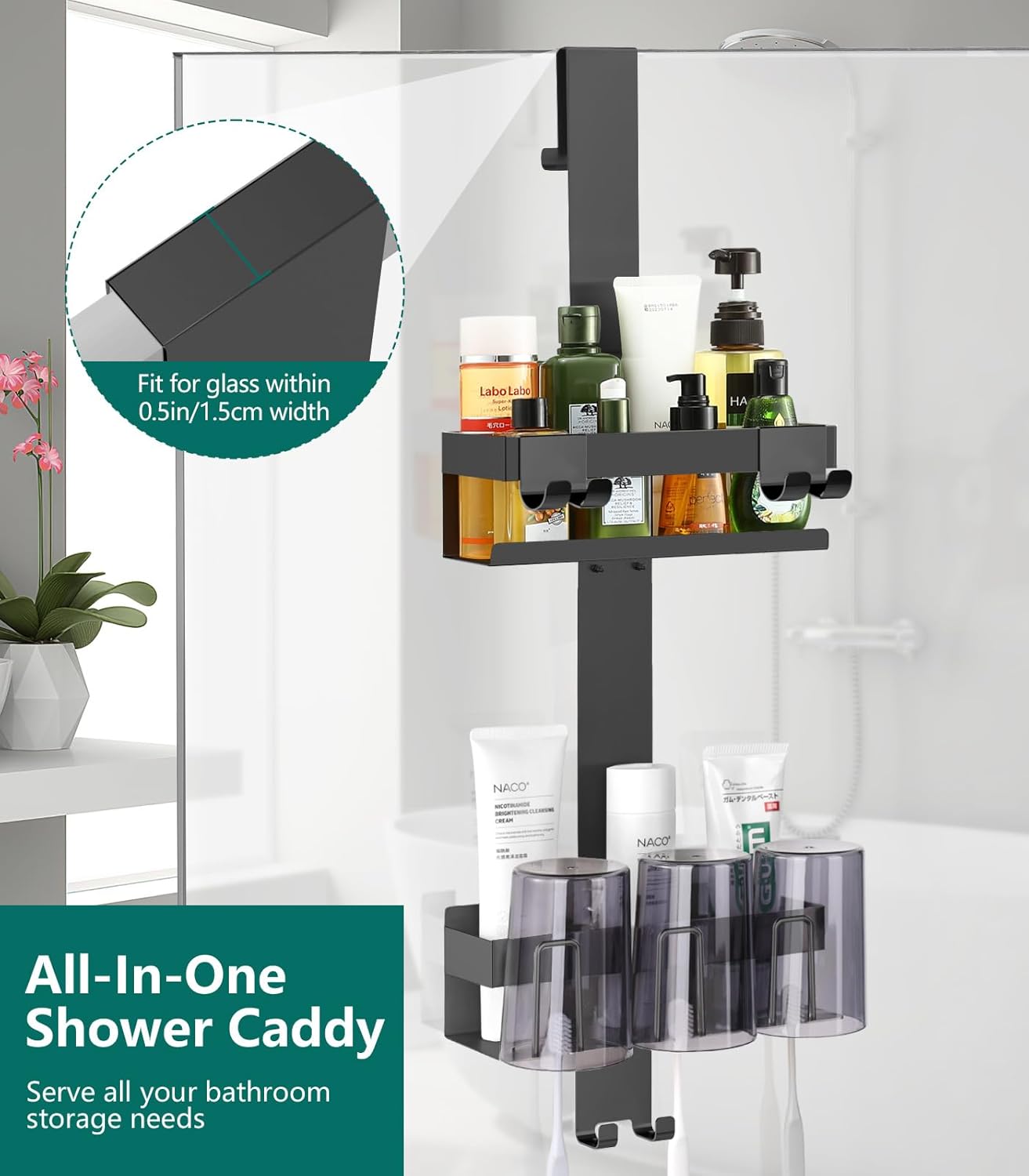 Emibele Over The Door Shower Caddy 2 Tier, 304 Stainless Steel Hanging Shower Caddy Rustproof Shower Shelves, No Drilling Hanging Shower Organizer for Bathroom Glass Door, Black