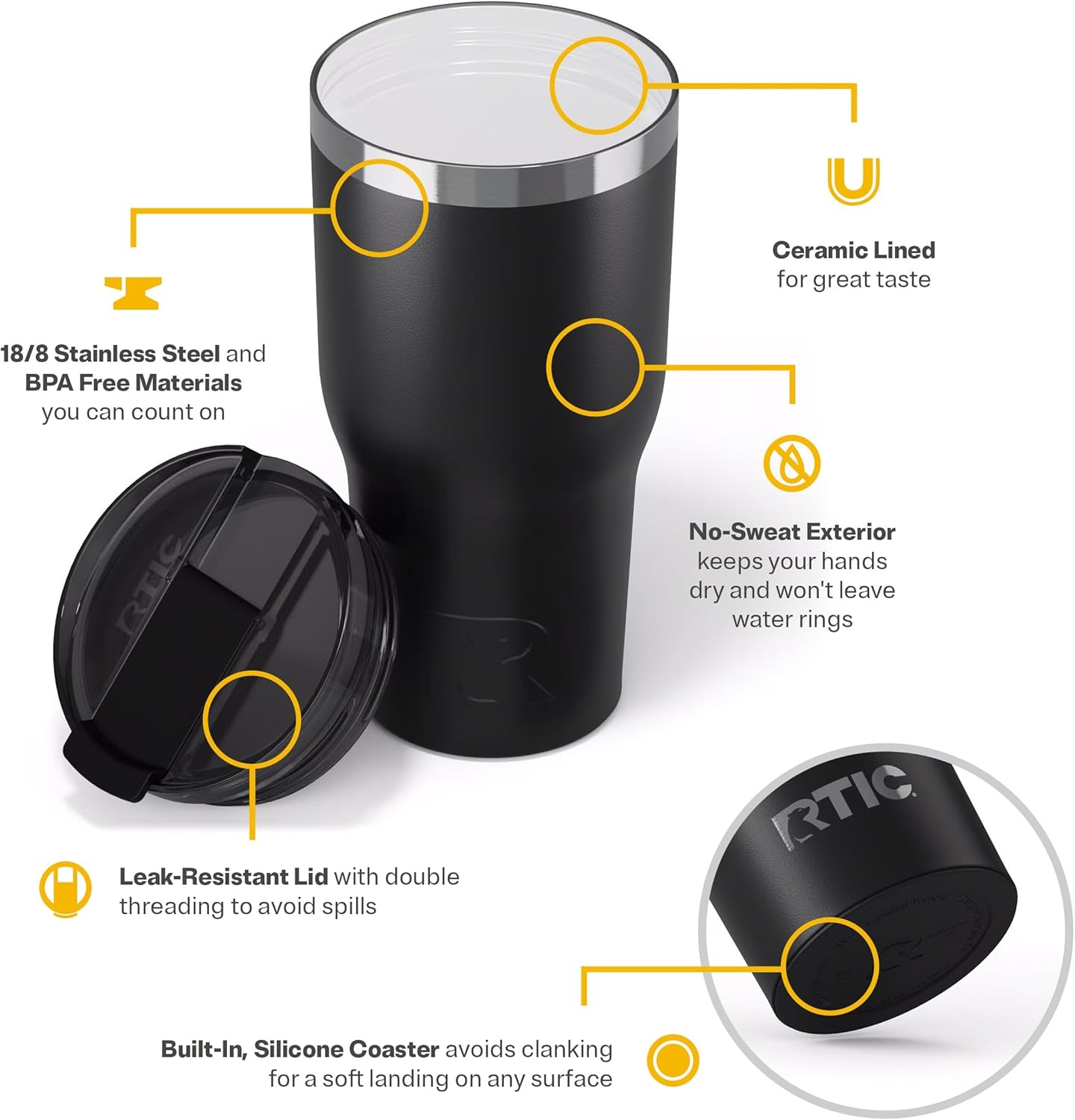 RTIC 30oz Essential Tumbler with Lid, Ceramic Lined, Insulated, Stainless Steel, Metal, Double Wall Vacuum-Insulation, Travel Cup for Iced Coffee, Tea, Hot and Cold Drink, Black