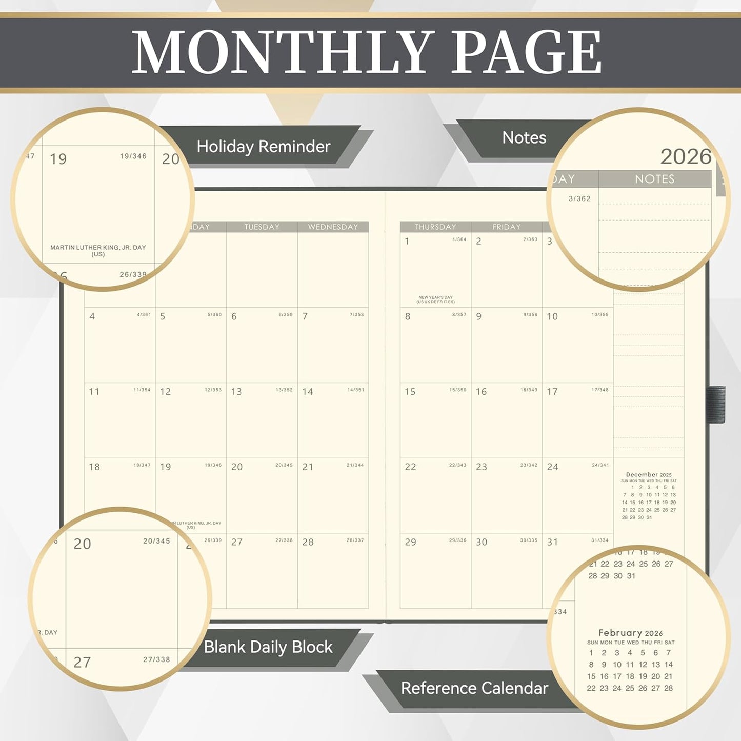 2026 Planner - Weekly and Monthly Planner 2026, 8.5"x11", Jan.2026 - Dec.2026, Leather Hardcover, 12 Monthly Tabs, Pen Loop, Elastic Closure, Pocket, Grey