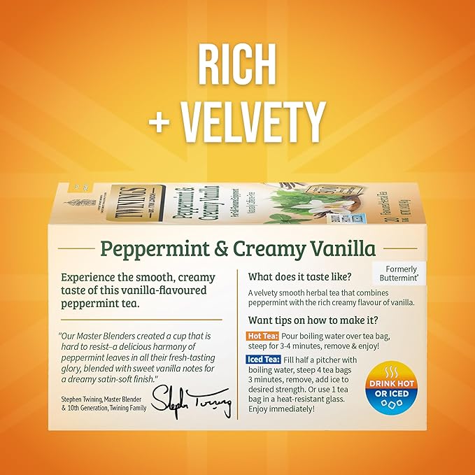 Twinings Peppermint & Creamy Vanilla Herbal Tea Individually Wrapped Bags, 20 Count (Pack of 6), Formerly Buttermint, Naturally Caffeine-Free, Enjoy Hot or Iced, 120 Teabags