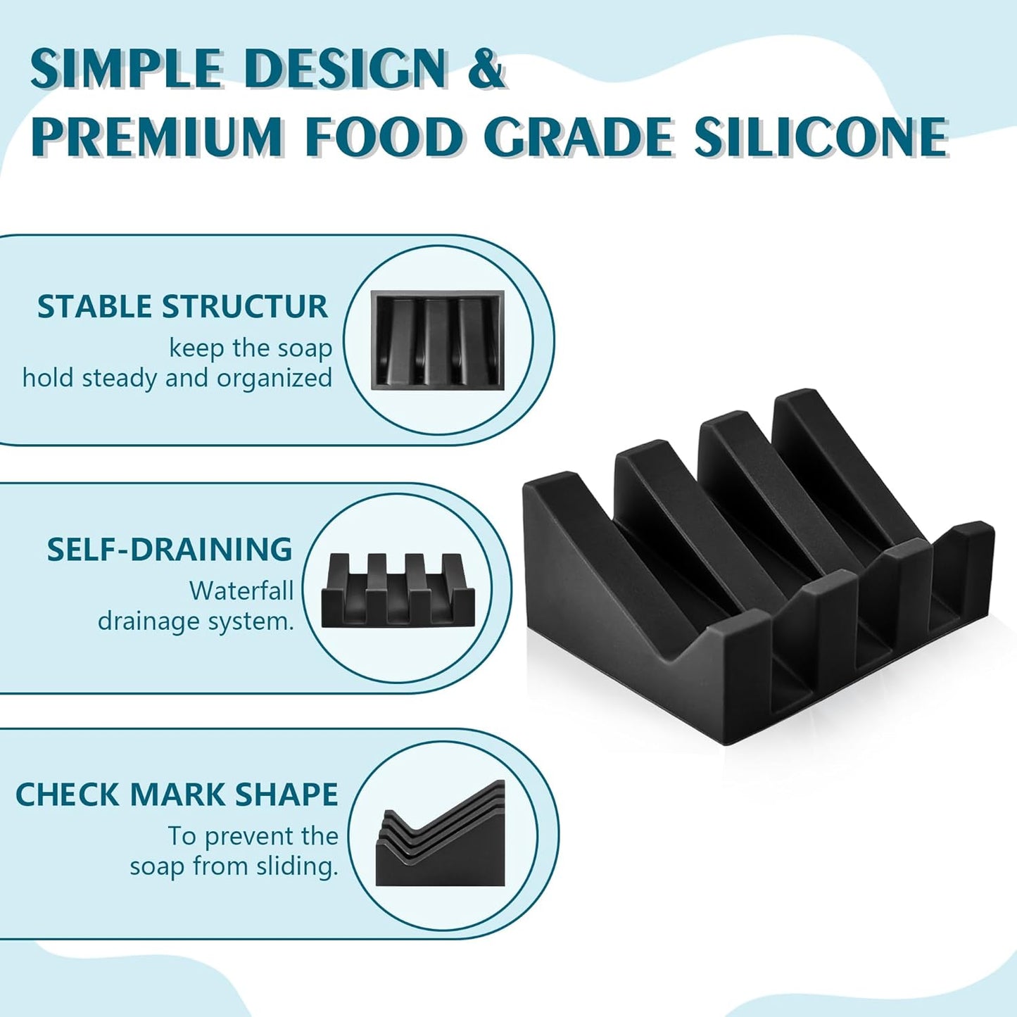 Self Draining Soap Dish Holder,Silicone Soap Dish,for Bathroom,Kitchen, Sponges，Can Extend Soap Life，Keep Soap Bars Dry and Easy Cleaning (1, Black)