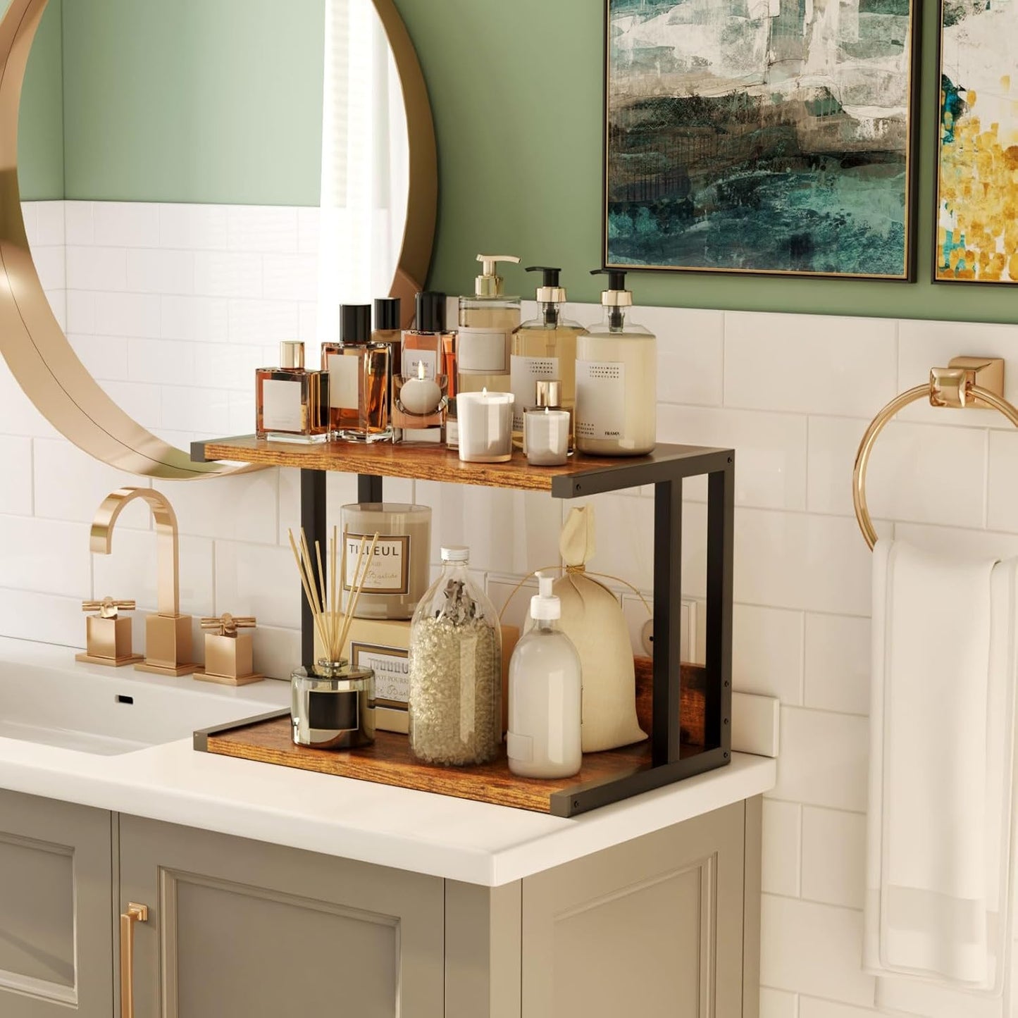 IBUYKE Under Desk Printer Stand,2 Tier Printer Cart,Mobile Home Desktop Organizer Shelf with 4 Wheels,for Fax, Home Office Use，Rustic Brown UTLJ007H