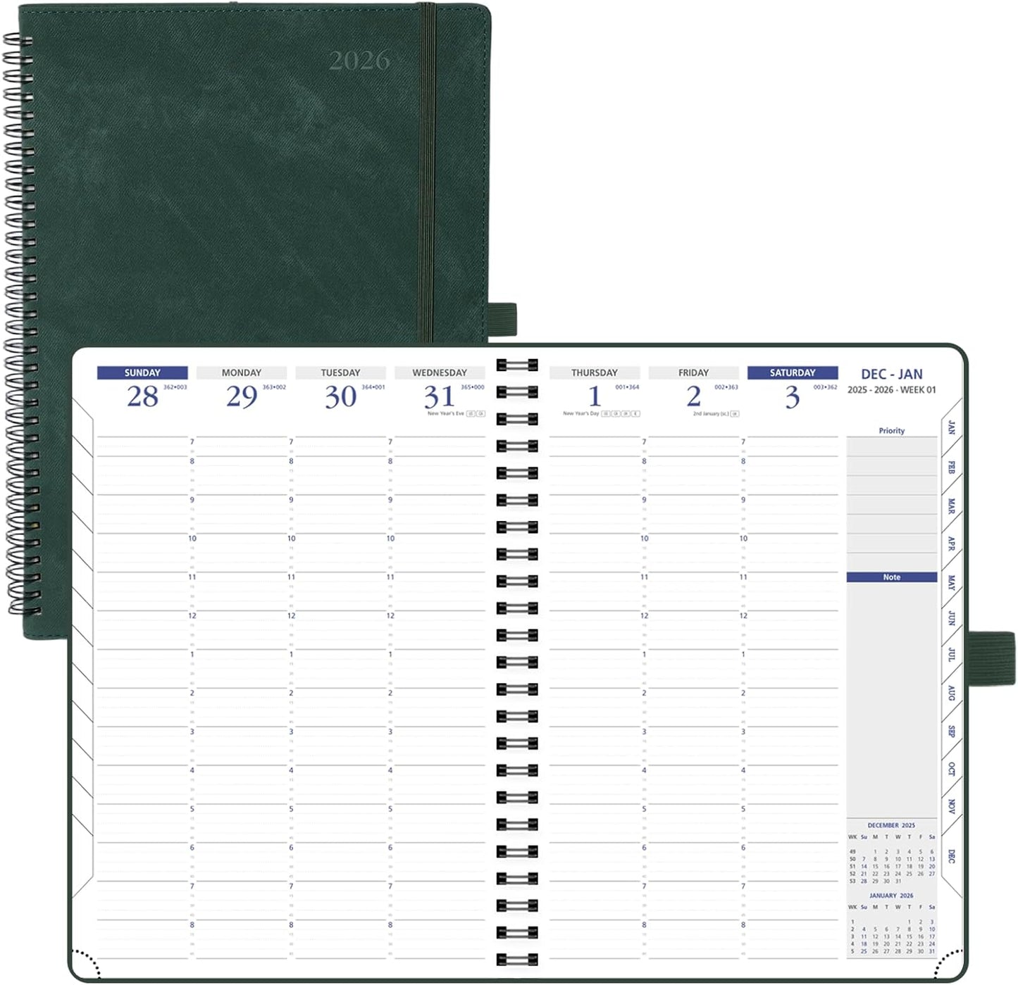 POPRUN 2026 Weekly Planner (A4-8.25'' x 11.75''), Quarter-Hourly Appointment Book (Jan. 2026 to Dec. 2026) with Monthly Tabs, Spiral Softcover, 2 Inner Pockets, Pen Holder - Blue Green