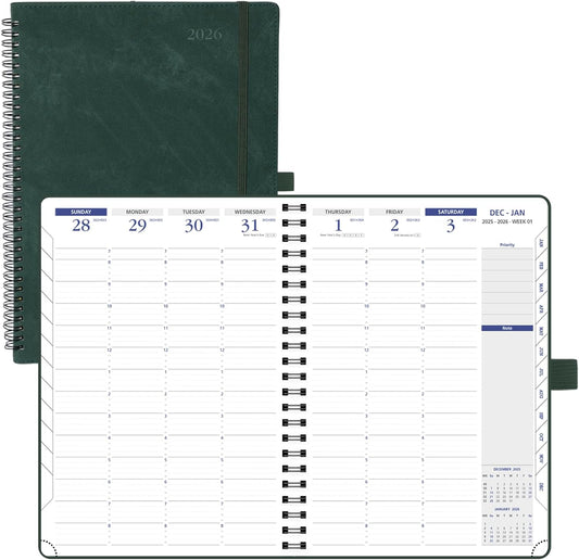 POPRUN 2026 Weekly Planner (A4-8.25'' x 11.75''), Quarter-Hourly Appointment Book (Jan. 2026 to Dec. 2026) with Monthly Tabs, Spiral Softcover, 2 Inner Pockets, Pen Holder - Blue Green